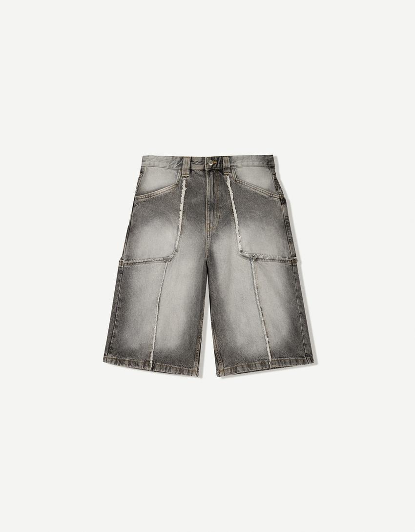Baggy denim Bermuda shorts with fringing Product Image