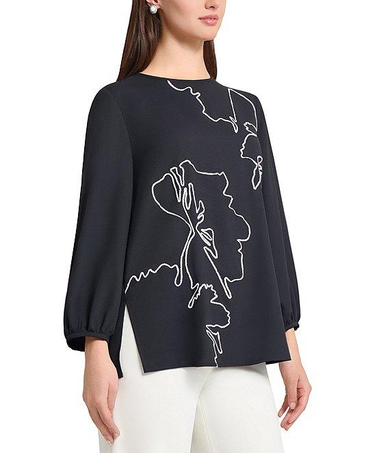 Ming Wang Embroidered Crepe De Chine Crew Neck Bracelet Sleeve Blouse Product Image