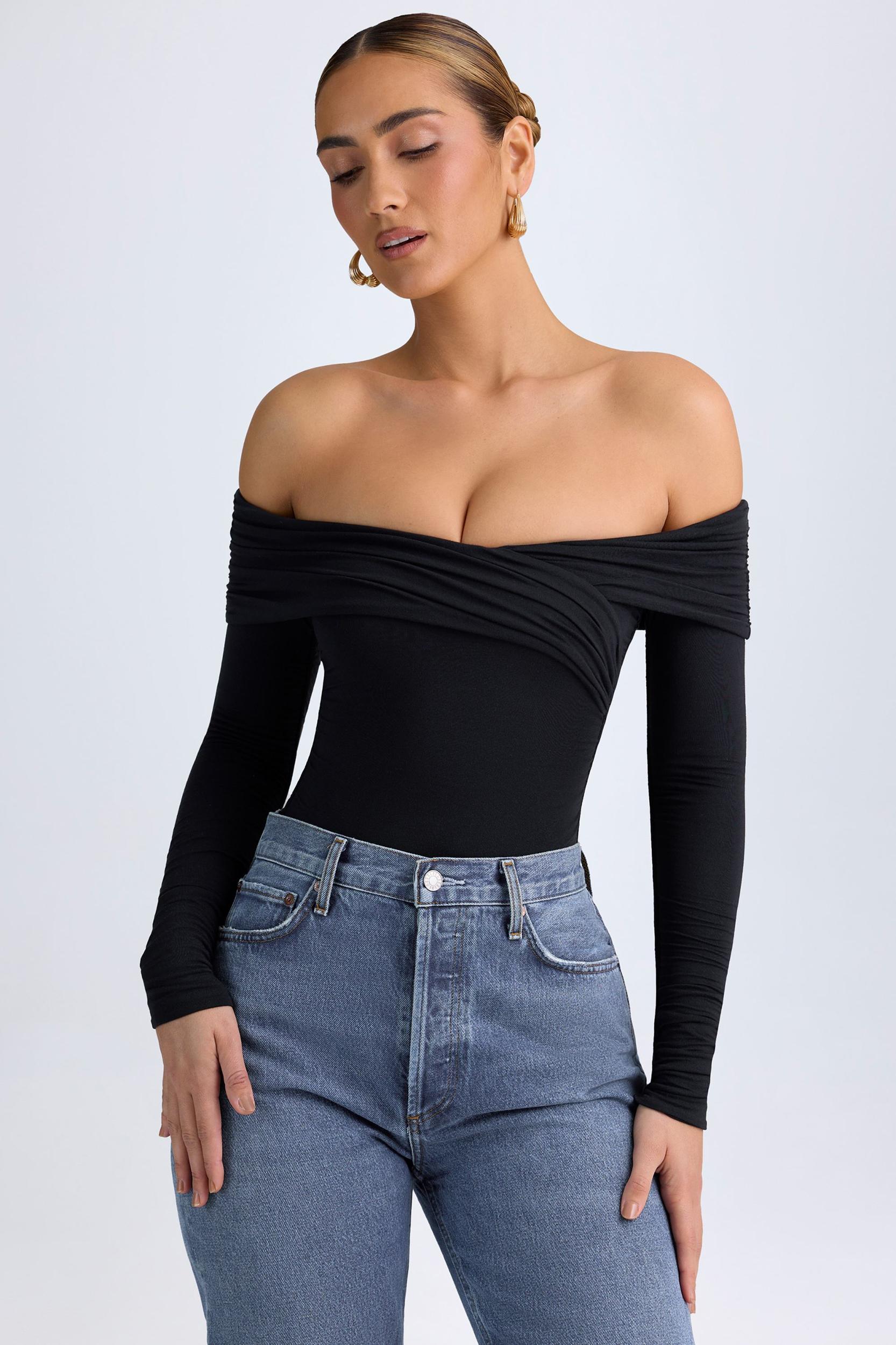 Modal Off-Shoulder Ruched Bodysuit in Black Product Image