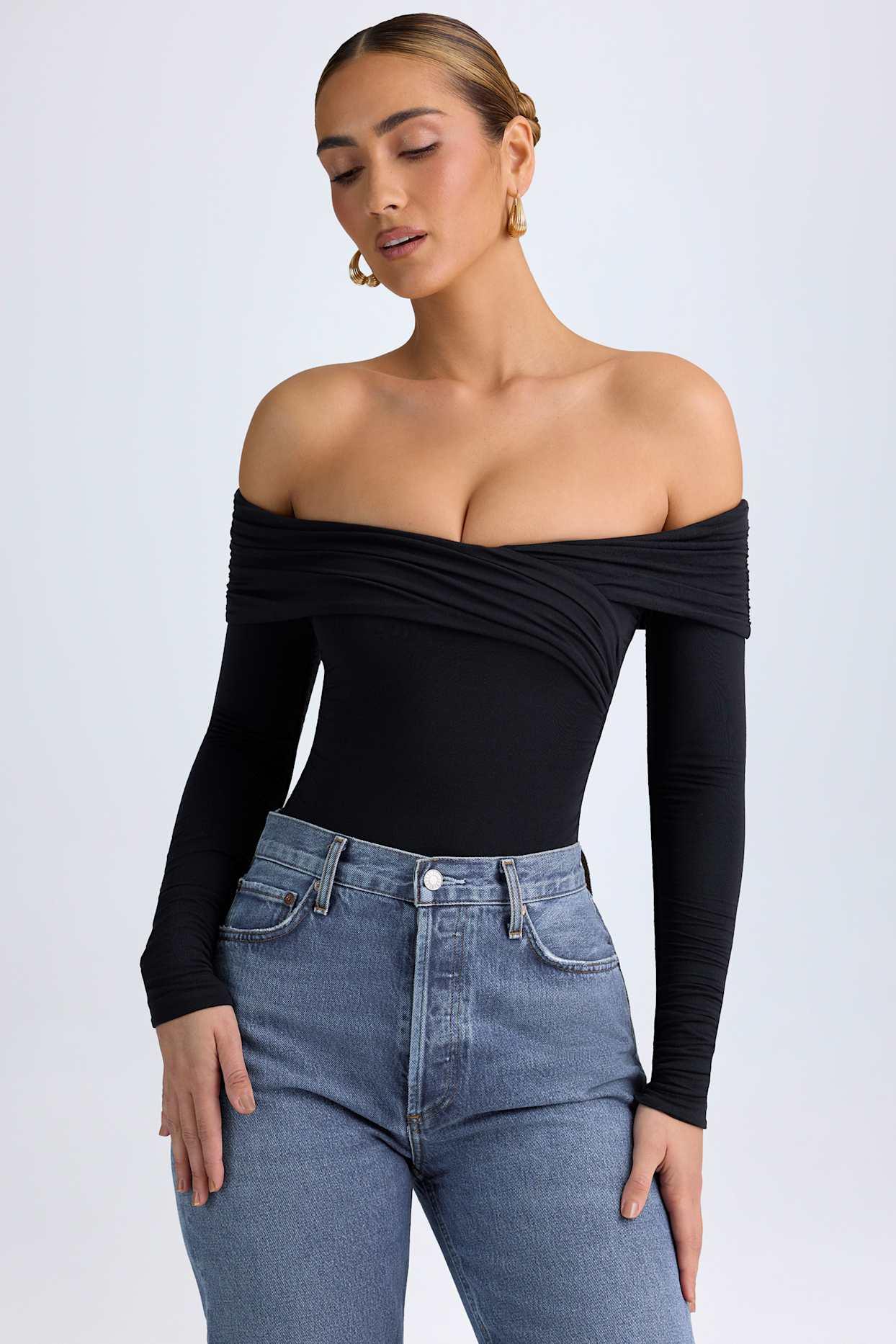 Modal Off-Shoulder Ruched Bodysuit in Black Product Image