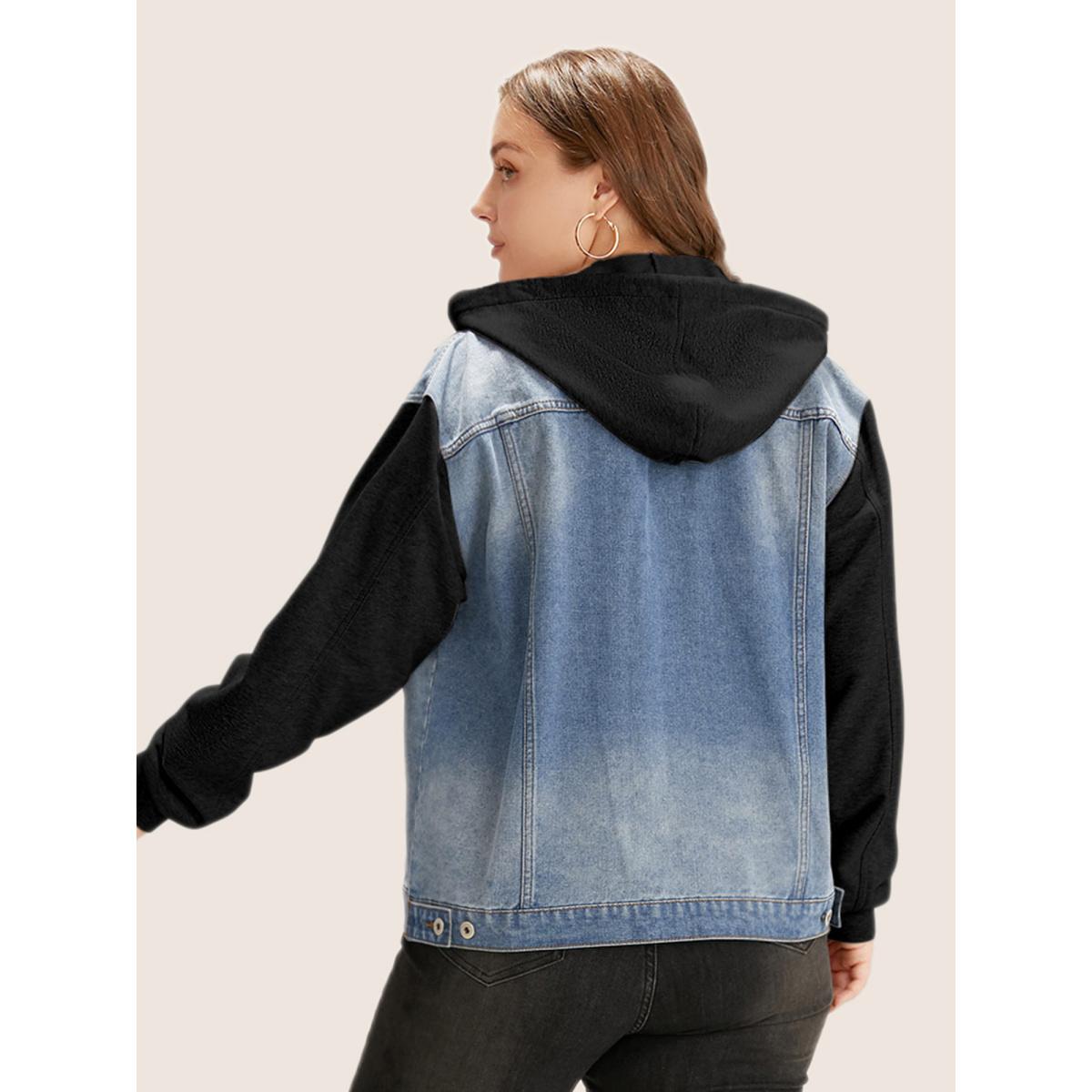 Women Hooded Patchwork Flap Pocket Denim Jacket Black Plus Size Plain Contrast Casual Slanted pocket Leisure Denim Jackets BloomChic 14-16/1X Product Image