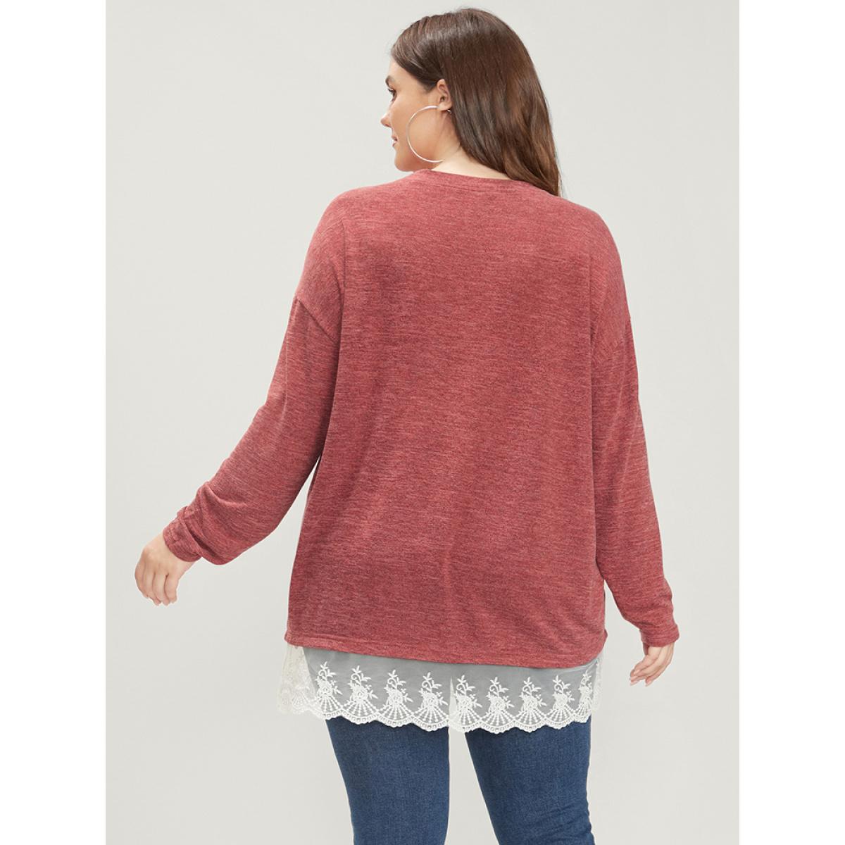 Plus Size Solid Round Neck Lace Hem Long Tee Raspberry Women Elegant Patchwork Plain Round Neck Dailywear T-shirts BloomChic 18-20/2X Product Image