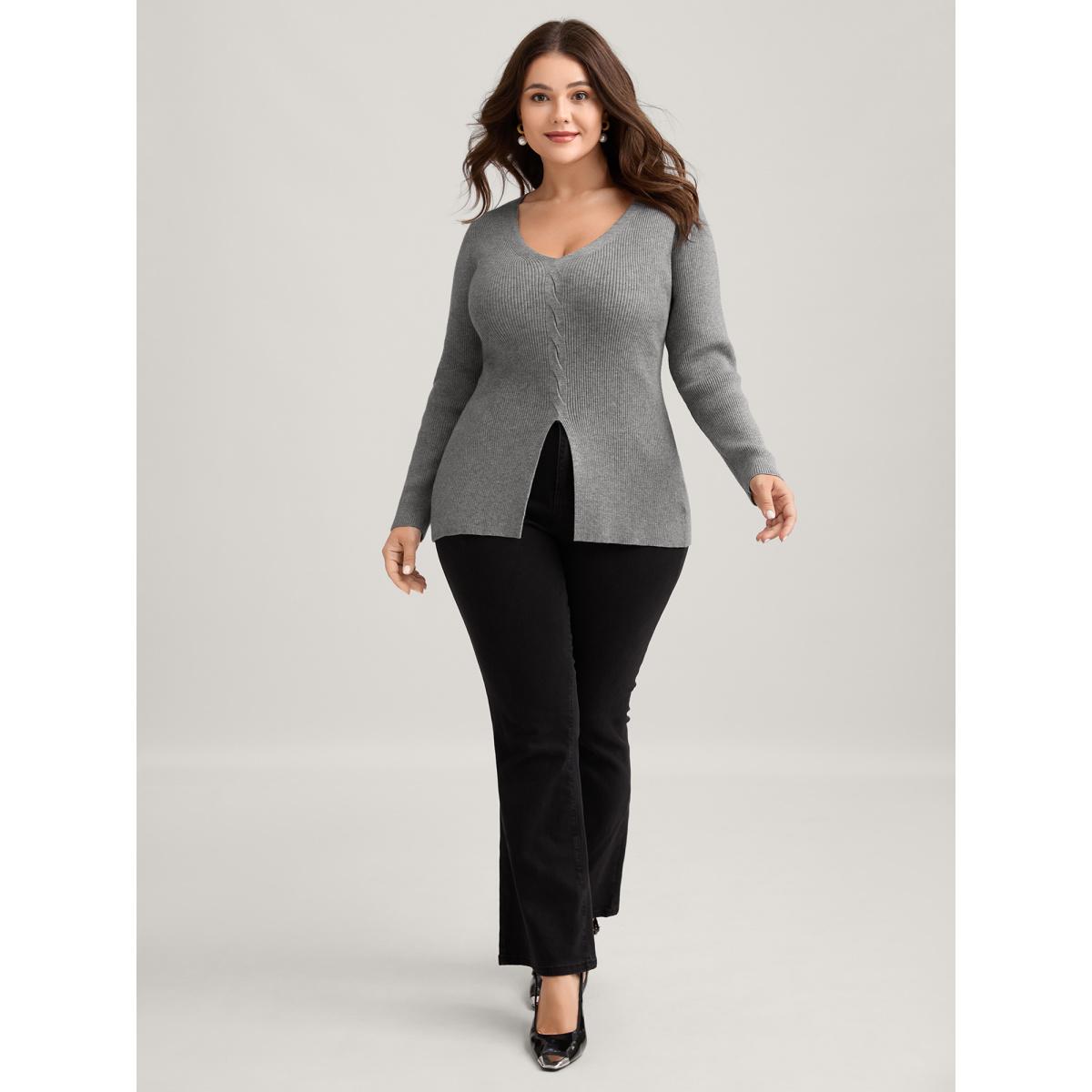 Plus Size Supersoft Stretchy Cable Knit Slit Front Fitted Pullover DarkGray Women Leisure Skinny Long Sleeve V-neck Casual Pullovers BloomChic 30/6X Product Image