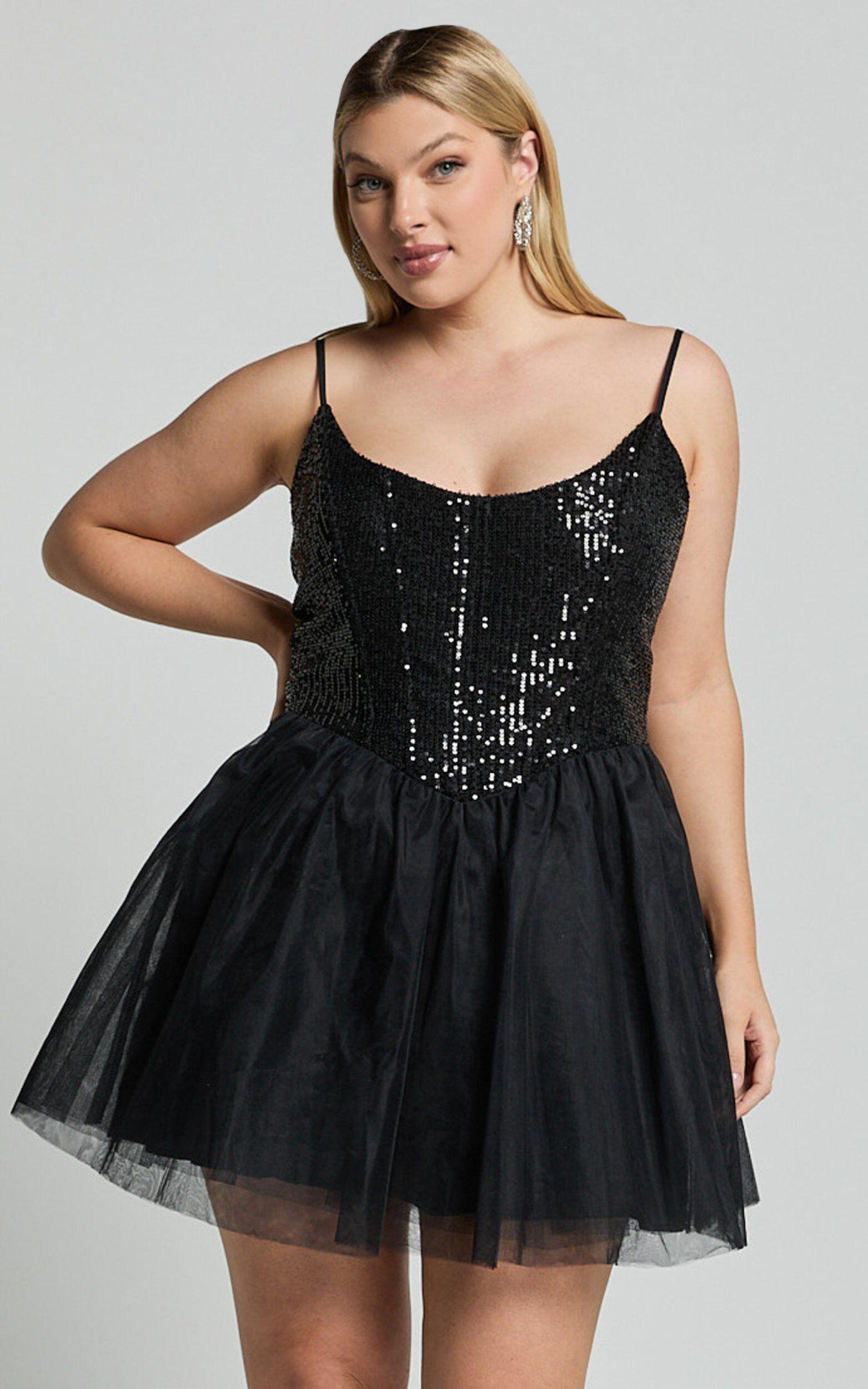 Violette Mini Dress - Sequin Corset Tulle Skirt Dress in Black Product Image