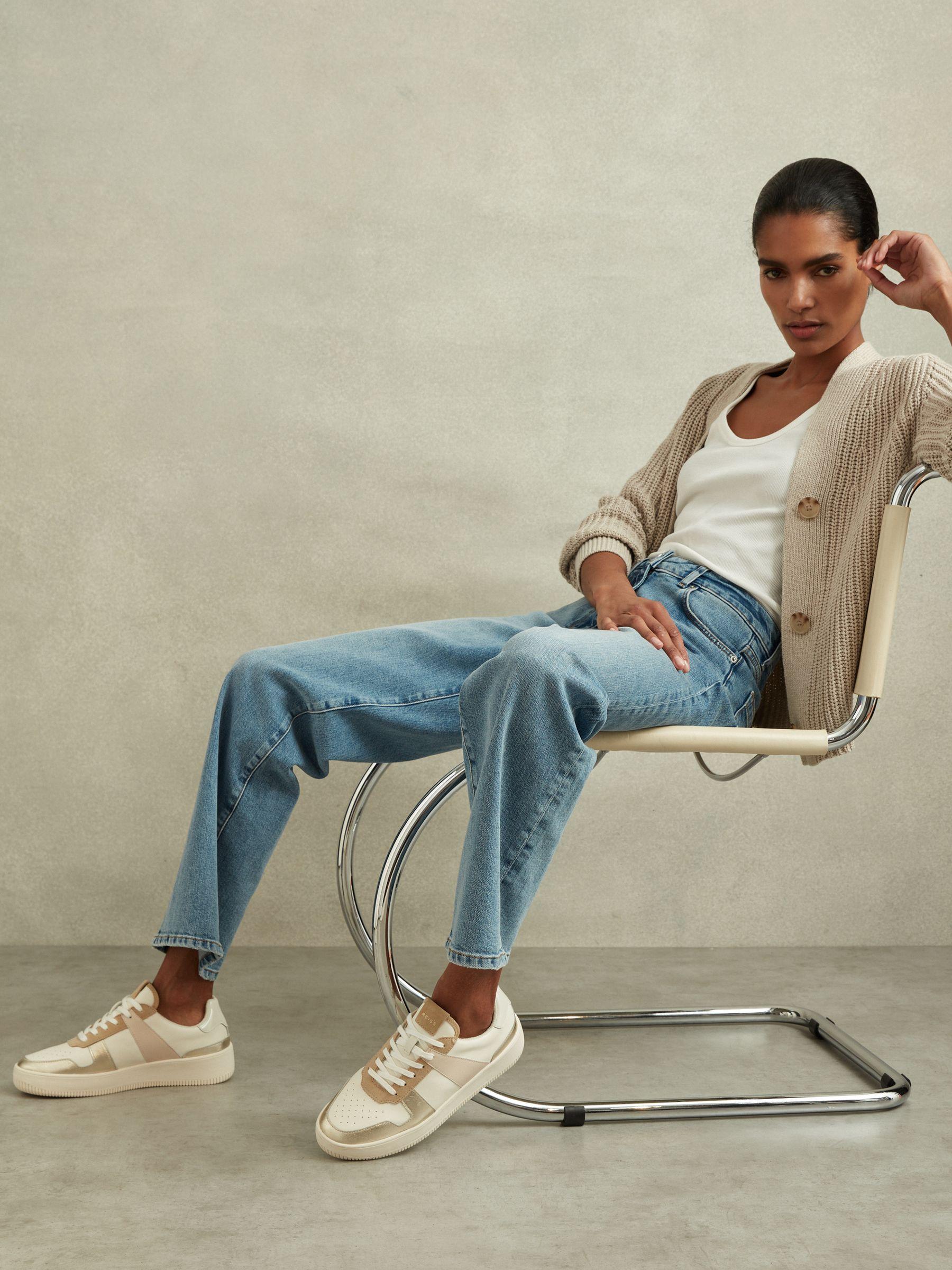 Mid Top Leather Trainers in White/Gold Product Image