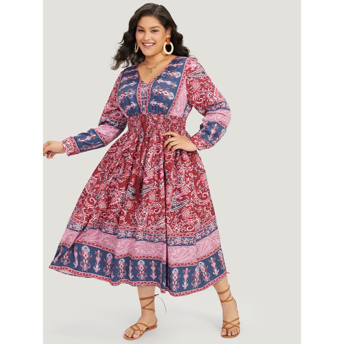 Plus Size Bandana Print Pocket Shirred Bowknot Dress Scarlet Women Vacation Cross straps V-neck Long Sleeve Curvy Midi Dress BloomChic 12/L Product Image