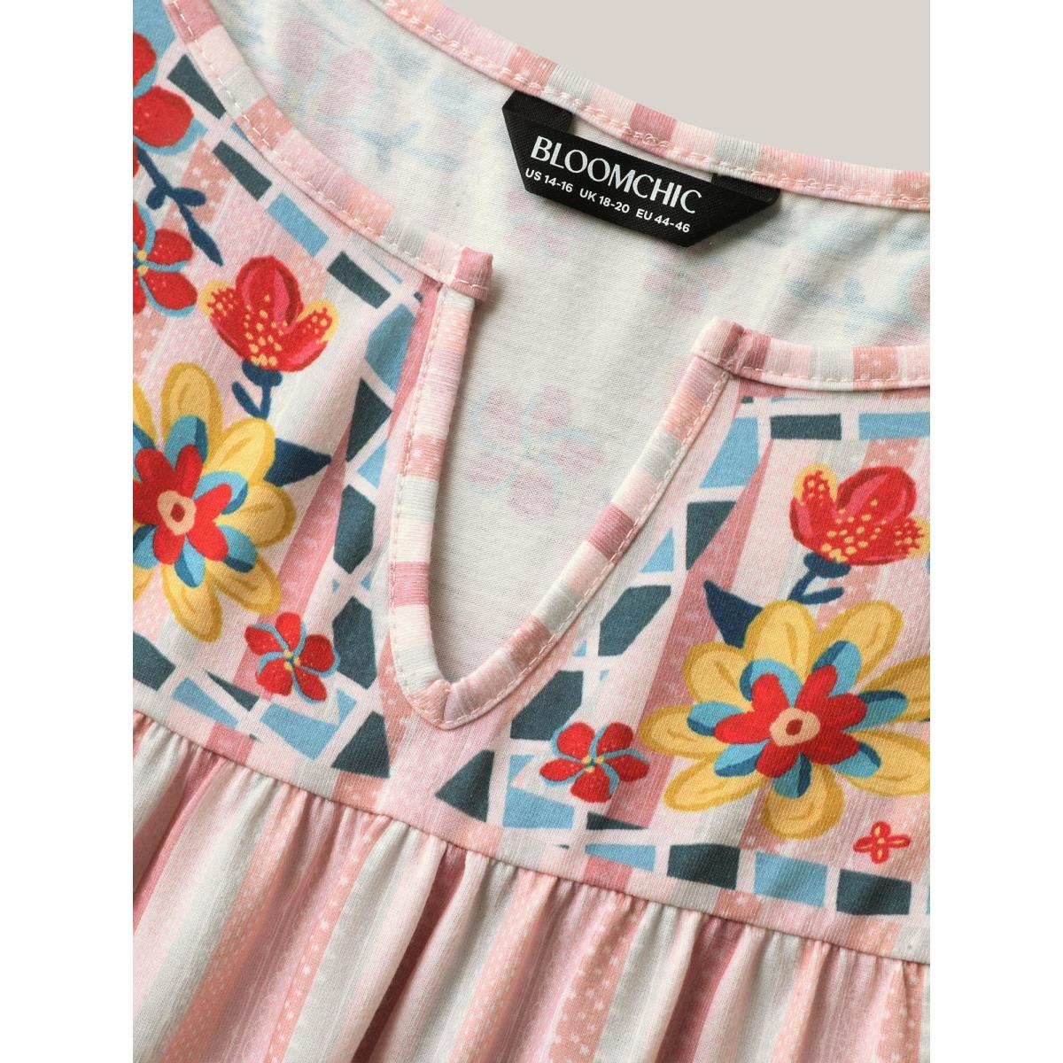 Plus Size Striped Print Spliced Ruffled Tank Top Women Multicolor Boho Gathered Flat collar with V-notch Vacation Tank Tops Camis BloomChic 28/5X Product Image