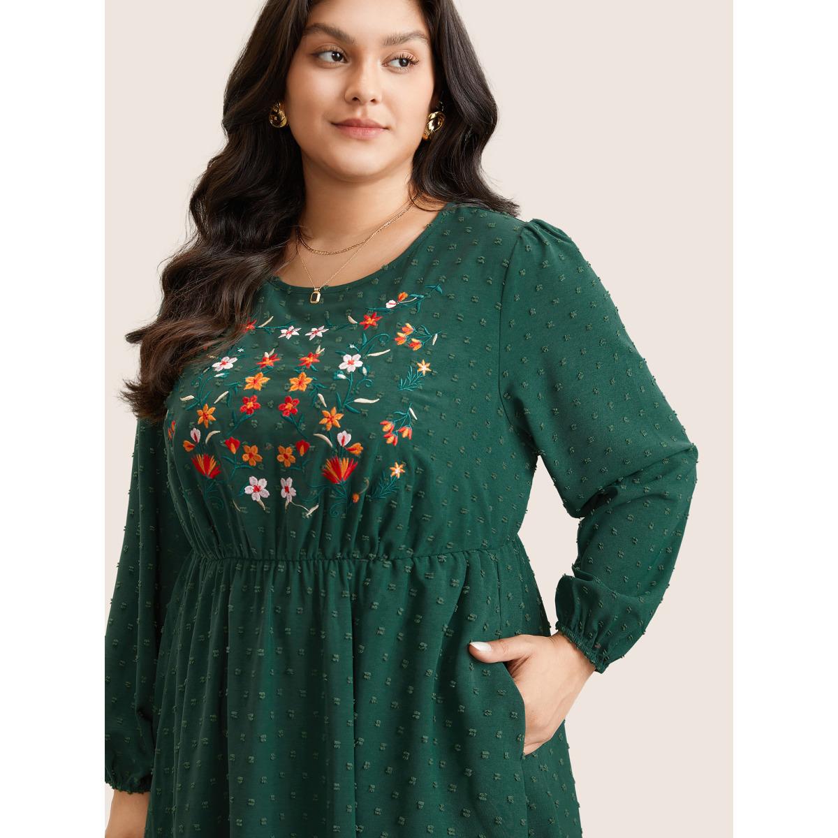 Plus Size Floral Embroidered Textured Ruffle Layered Hem Dress Emerald Women Vacation Elastic cuffs Round Neck Long Sleeve Curvy Midi Dress BloomChic 14-16/1X Product Image