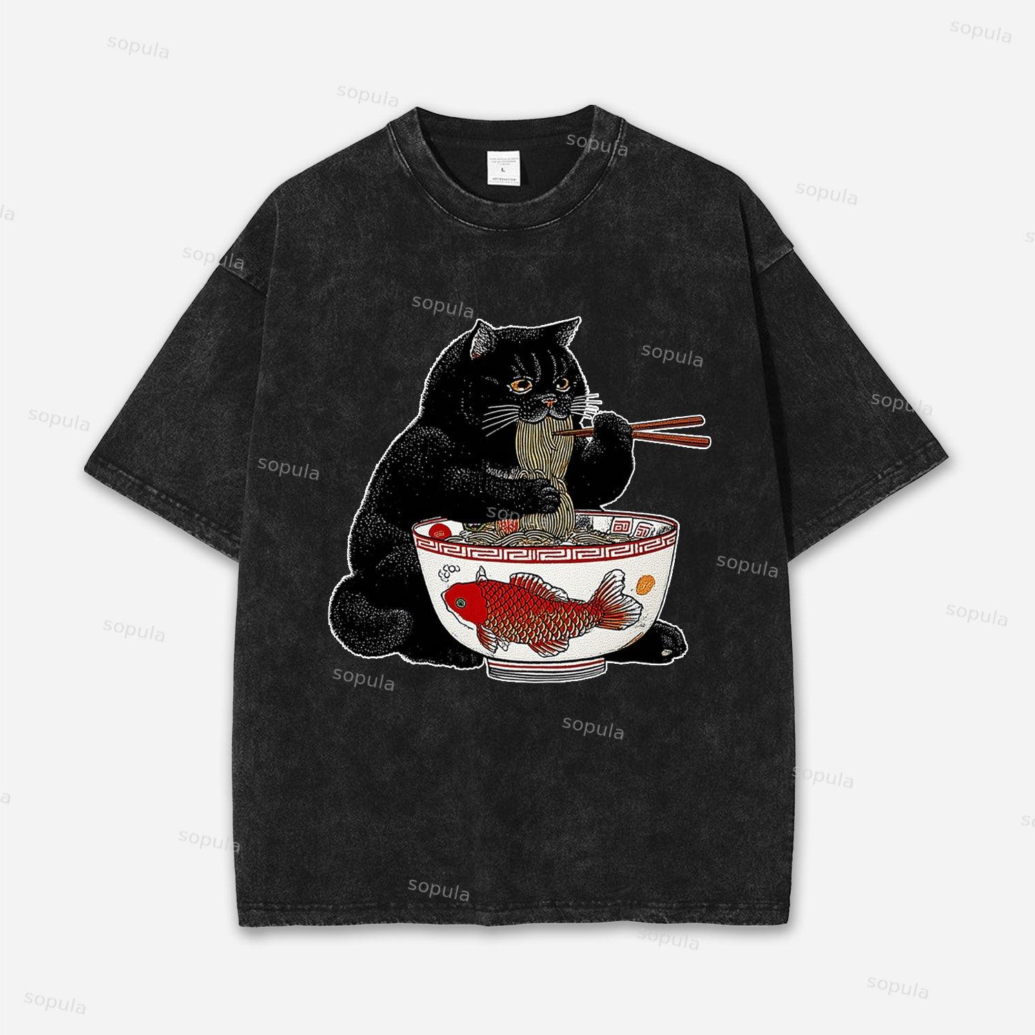 Fat Cat Eating Ramen Acid Washed T-shirt Product Image