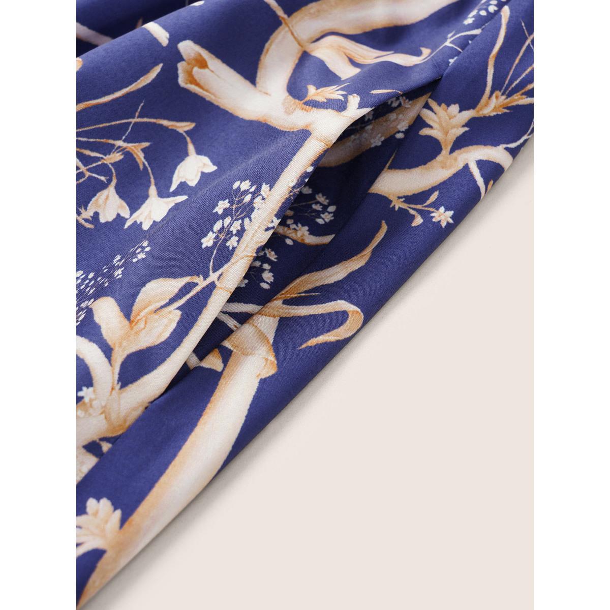 Plus Size Plants Print Contrast Belted Pleated Dress Aegean Women Resort Non Round Neck Short sleeve Curvy Midi Dress BloomChic 26/4X Product Image