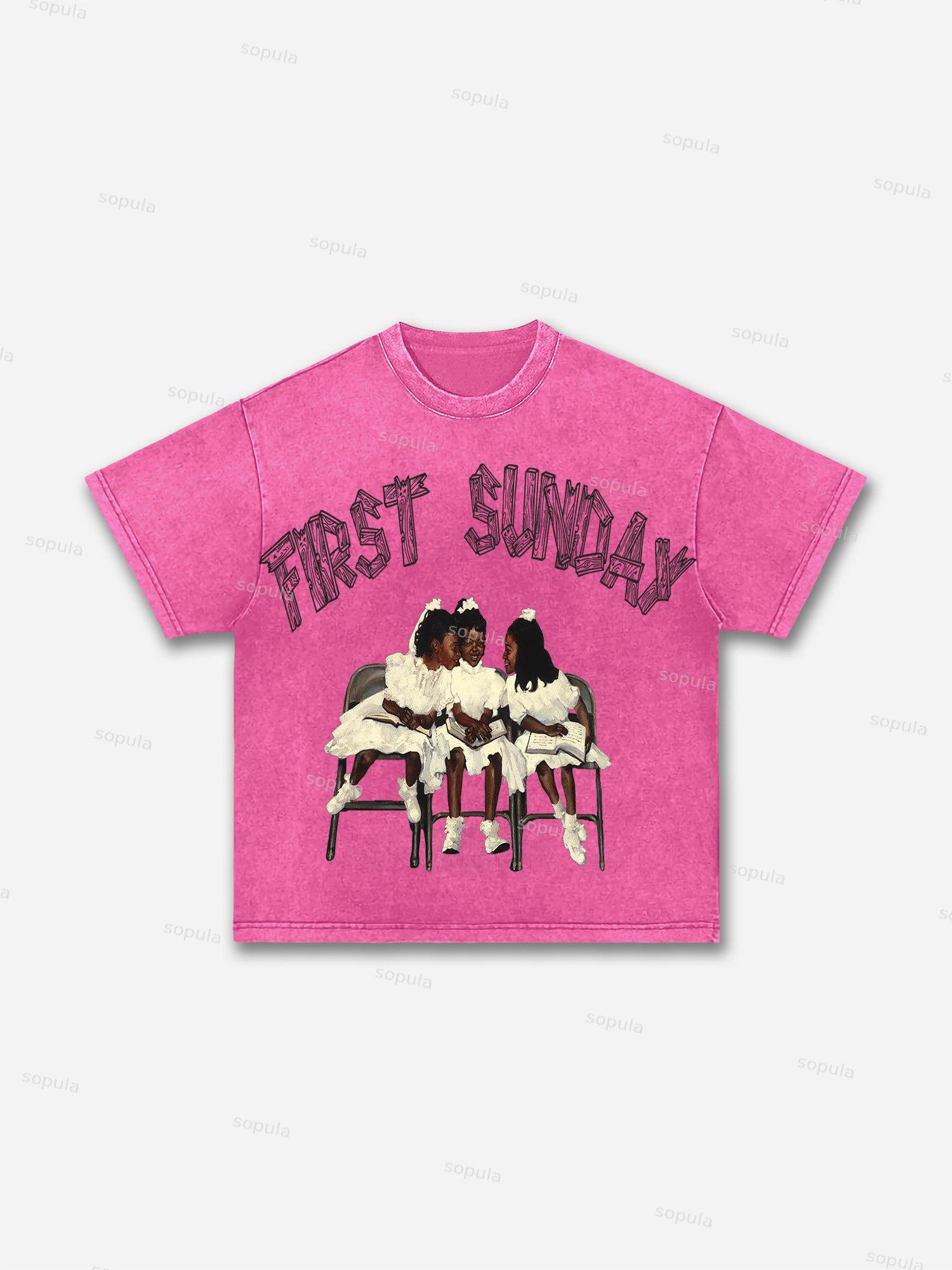 First Sunday Retro Graphic Print Acid Washed T-Shirt Product Image