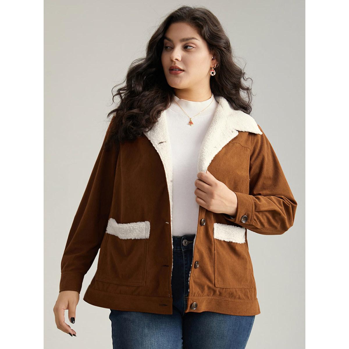Plus Size Corduroy Lapel Collar Fuzzy Patchwork Button Fly Coat Women Maroon Casual Contrast Ladies Dailywear Winter Coats BloomChic 12/L Product Image