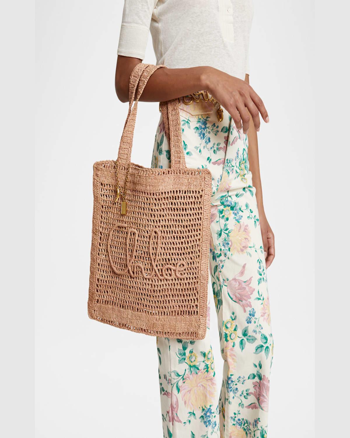 CHLOÉ Summer Banana Embellished Crocheted Embroidered Faux Raffia Tote In Beige Product Image