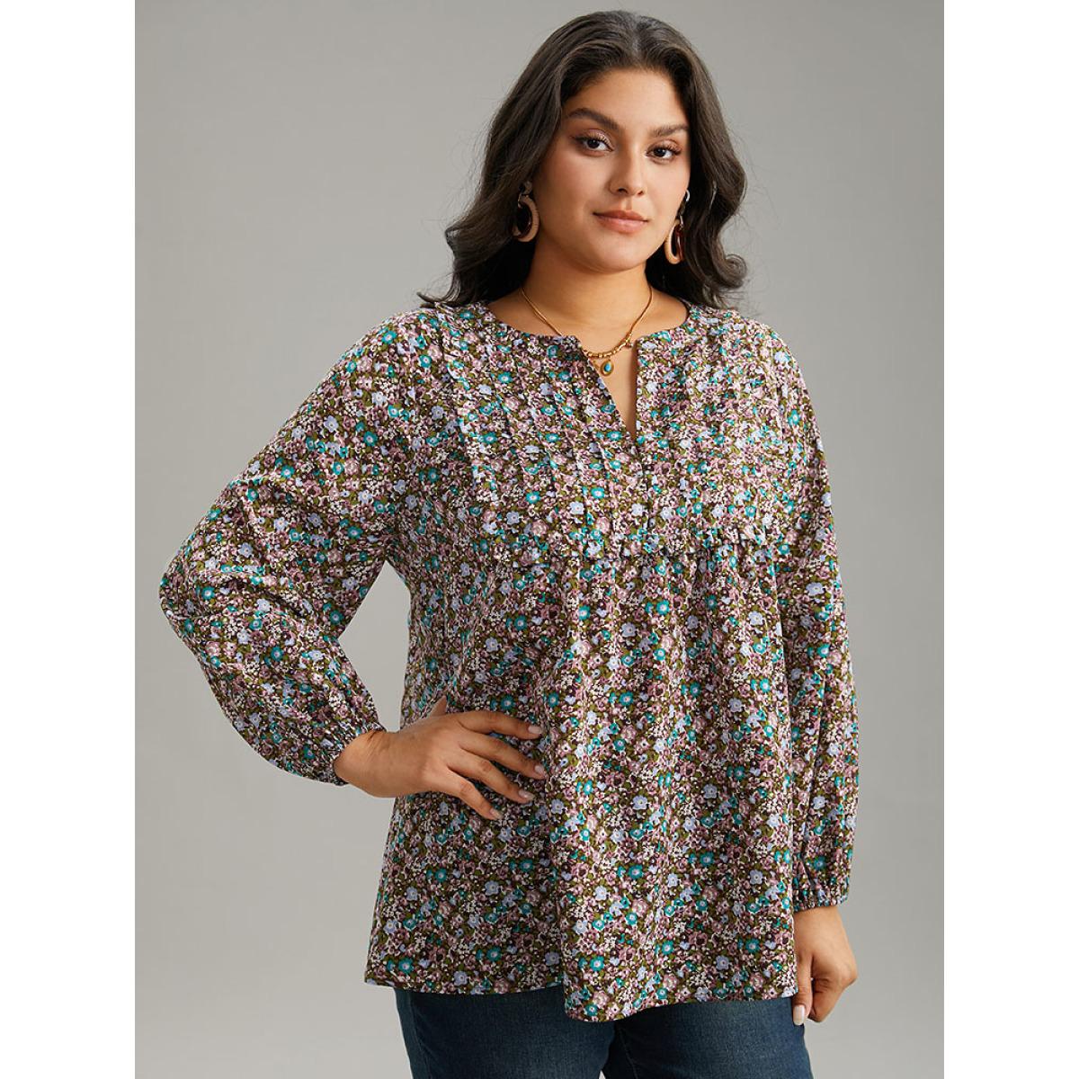 Plus Size DarkBrown Ditsy Floral Notched Frill Trim Blouse Women Elegant Long Sleeve Notched collar Dailywear Blouses BloomChic 30/6X Product Image