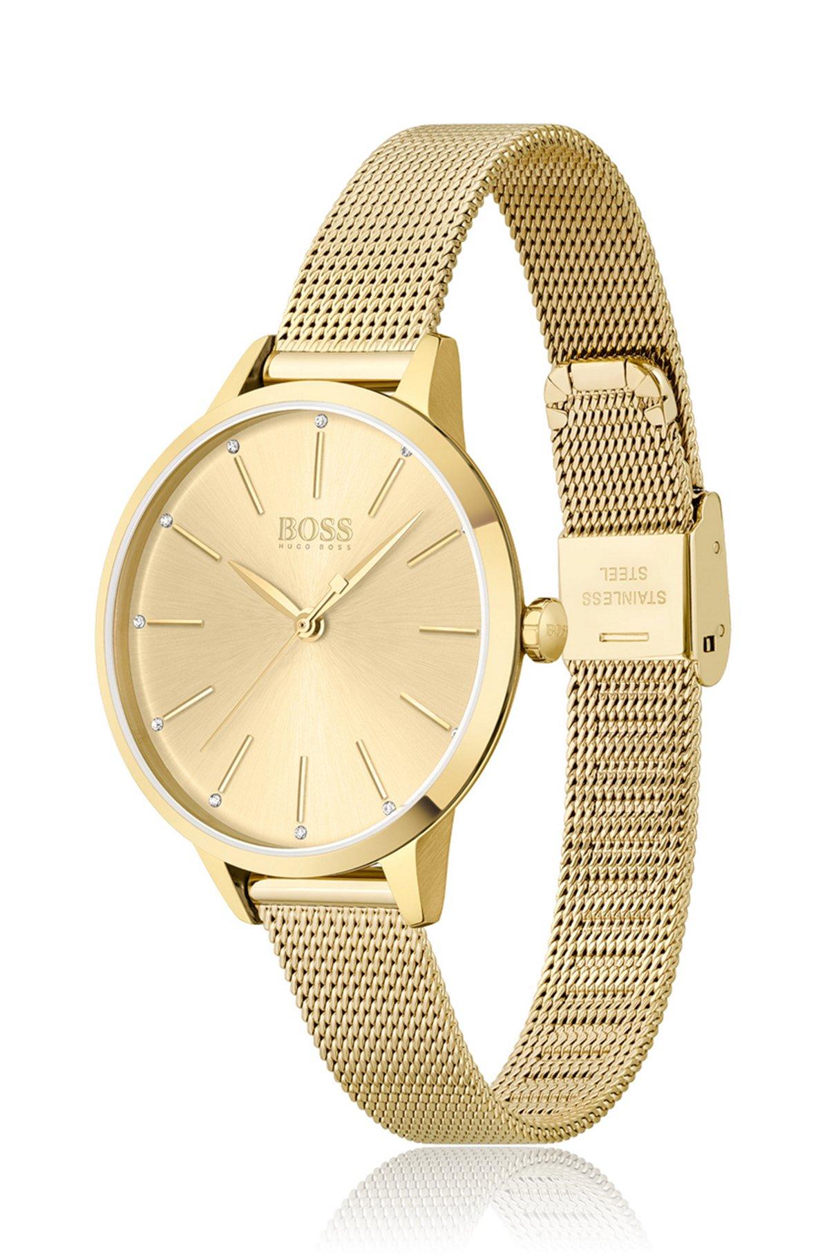 Gold-toned mesh bracelet watch with crystal accents Product Image