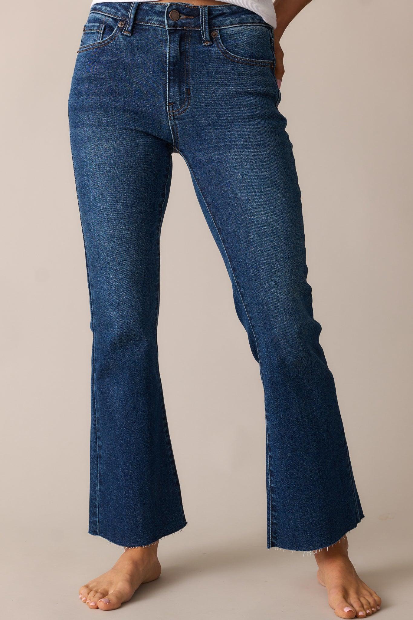 Back And Forth Dark Wash Mid Rise Cropped Flare Jeans Product Image