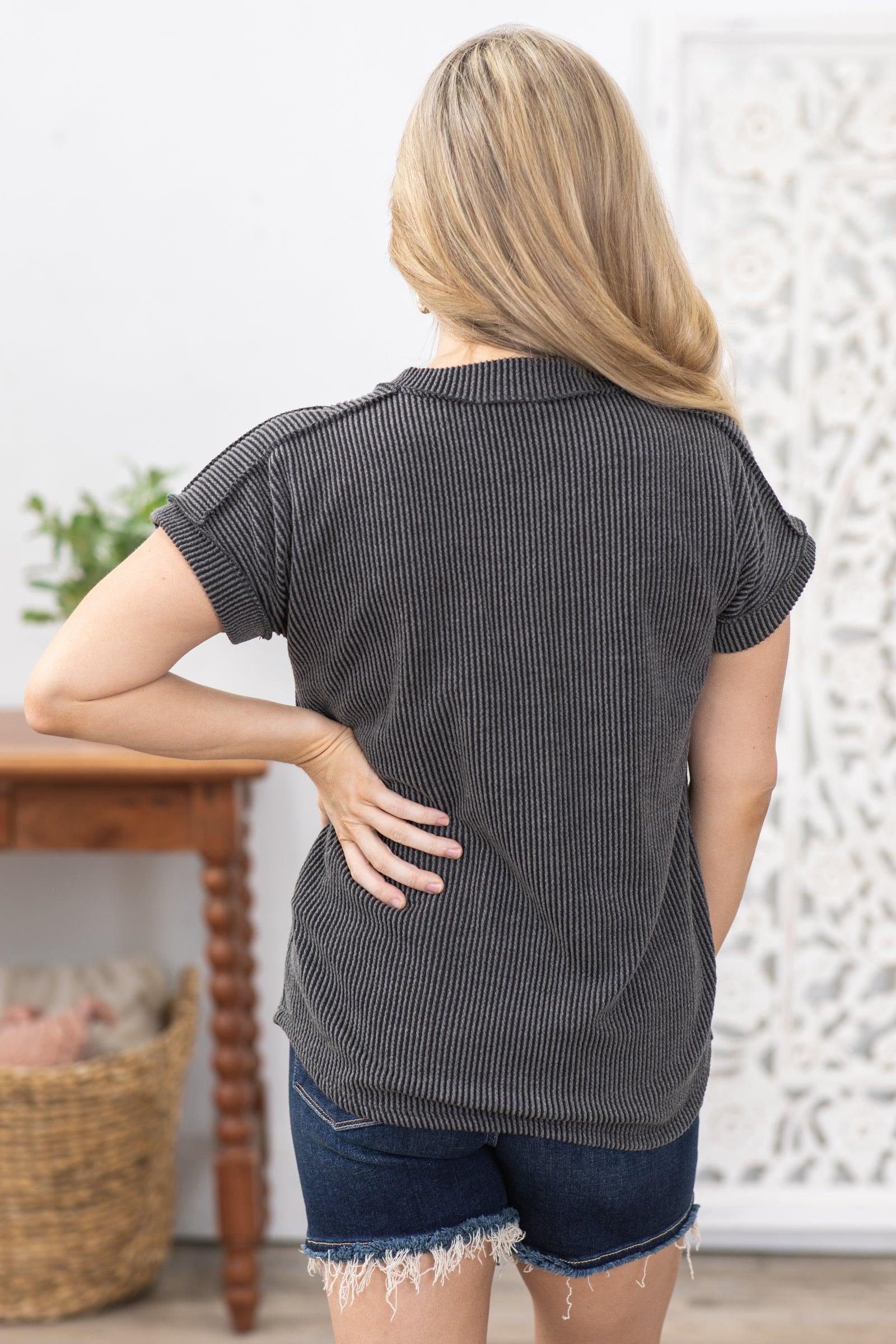 Charcoal Ribbed V-Neck Knit Top Product Image