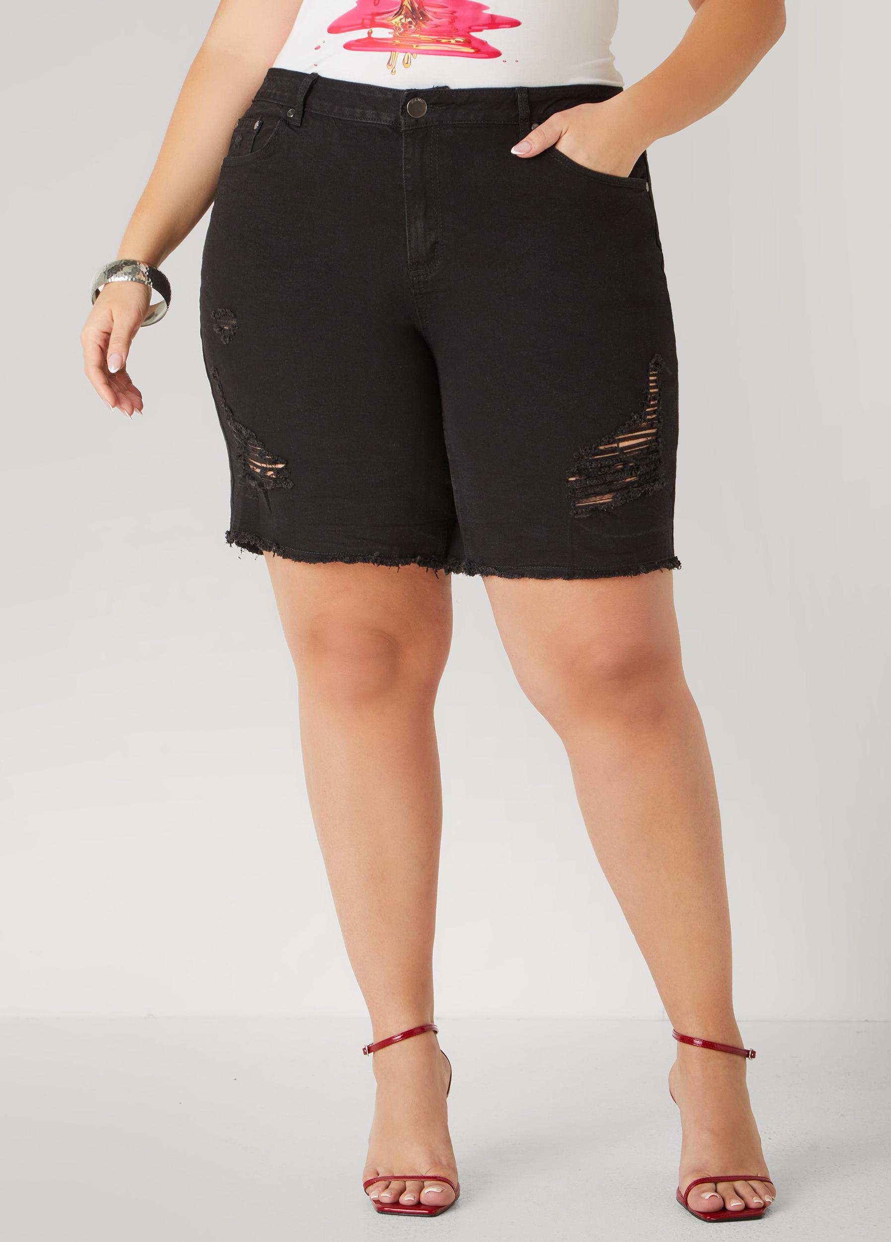 Plus Size High Rise Distressed Denim Shorts Ashley Stewart Product Image