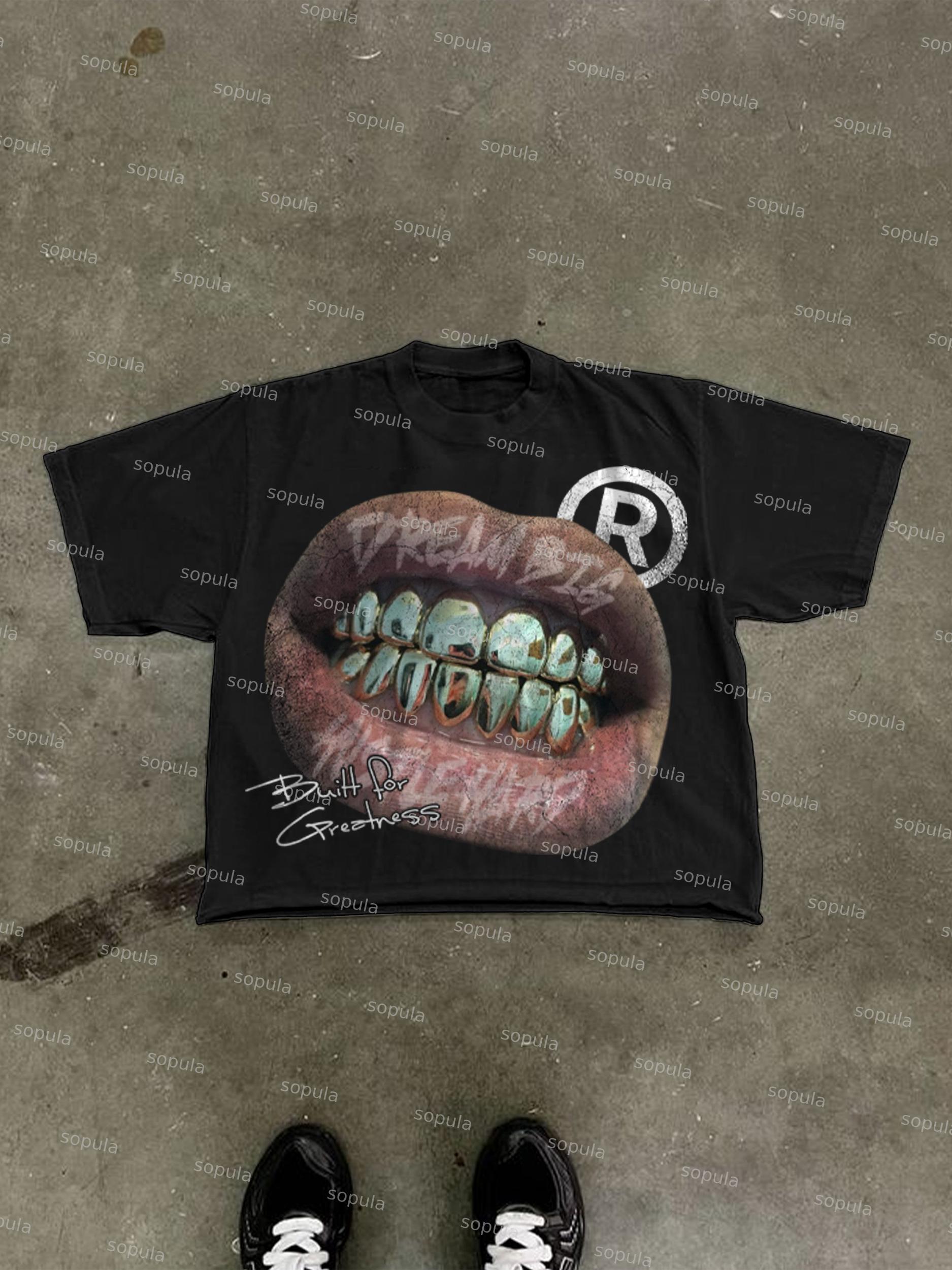 Street Metal Braces Vintage Lips Graphic Cropped T-shirt Product Image
