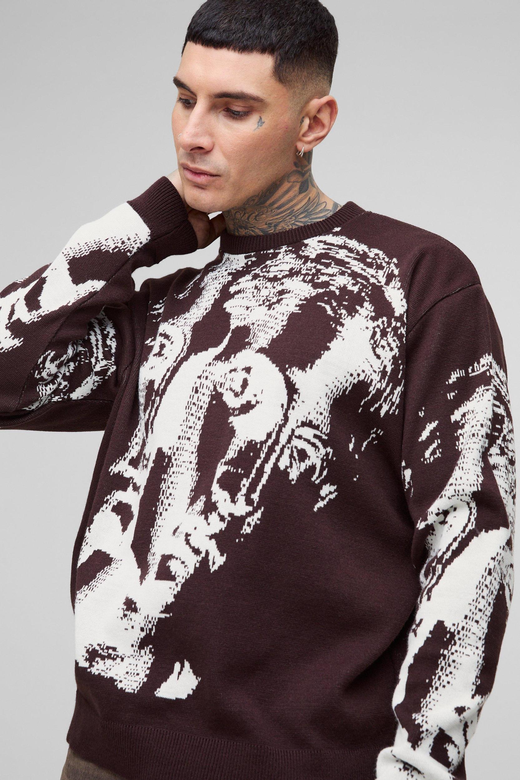 Tall Oversized Renaissance Face Knit Sweater | boohooMAN USA Product Image