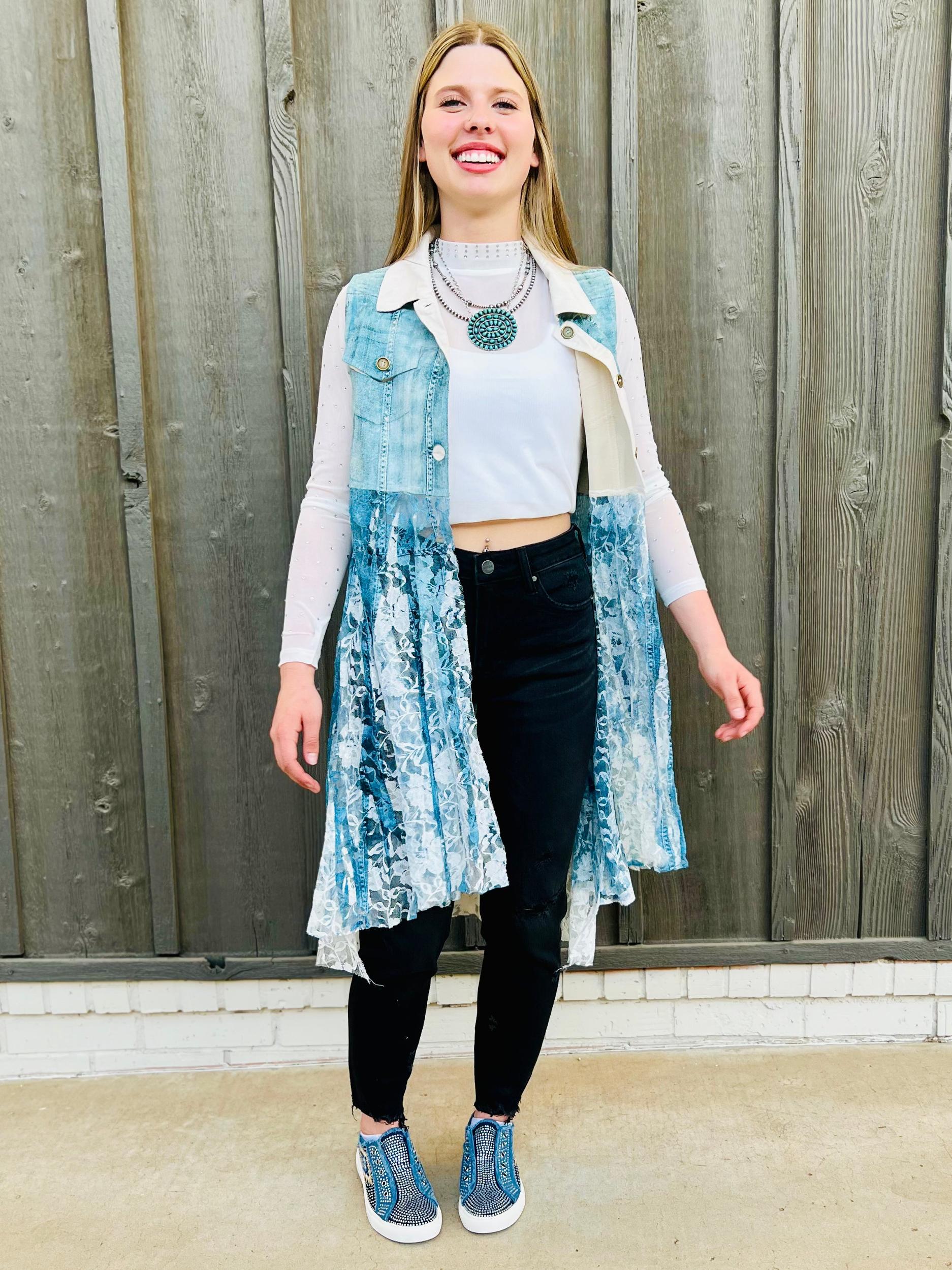 Denim Lace Layered Vest Cardigan* Product Image