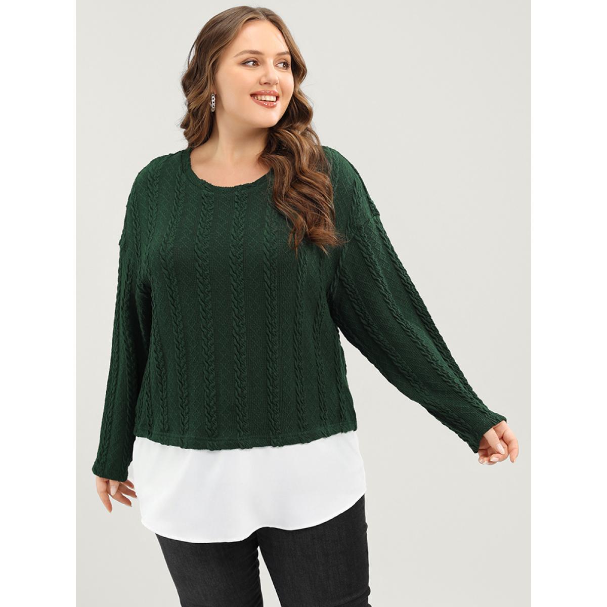 Plus Size Solid Patchwork Textured Asymmetrical Hem 2-In-1 Sweatshirt Women Green Casual Patchwork Round Neck Dailywear Sweatshirts BloomChic 18-20/2X Product Image