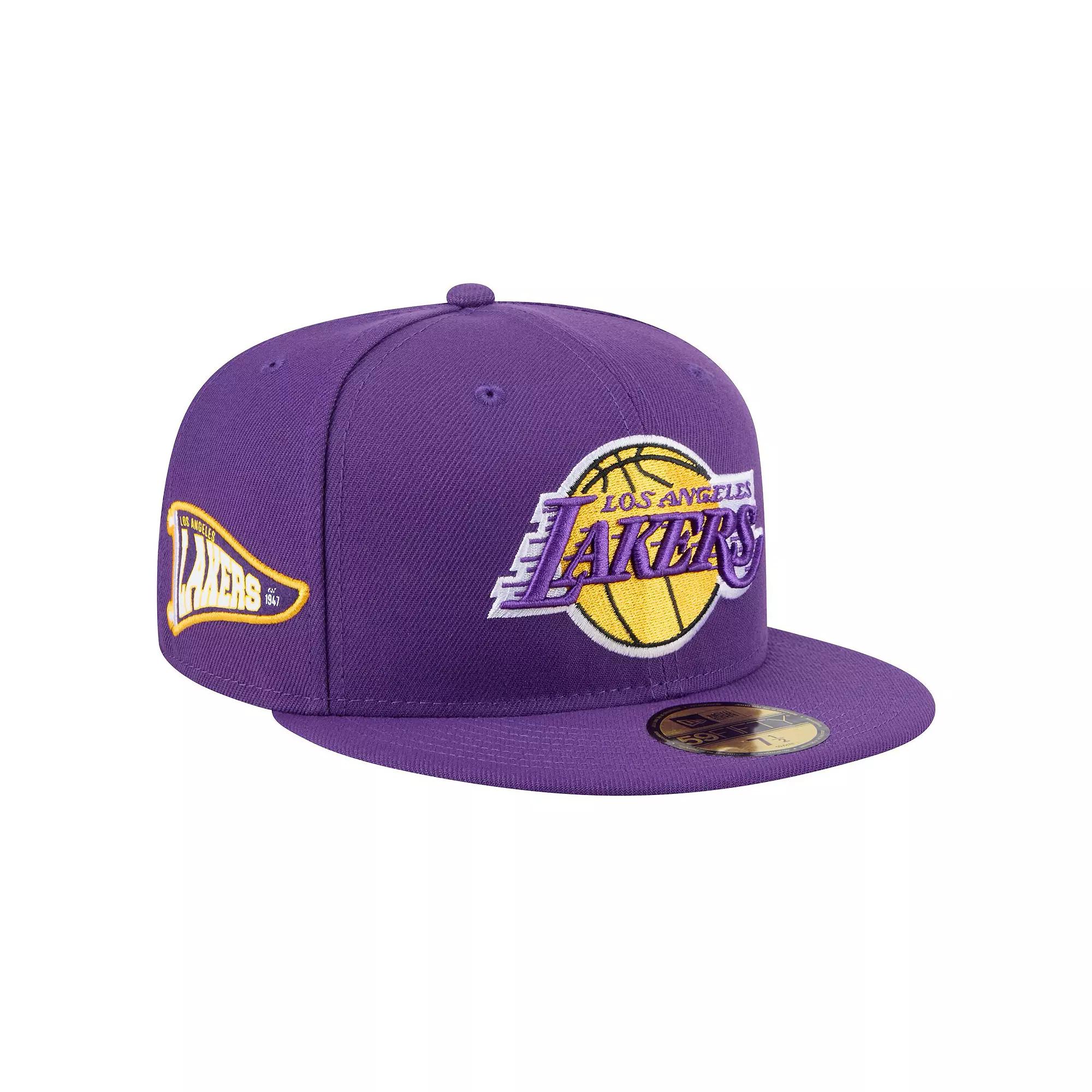 Men's New Era Purple Los Angeles Lakers Throwback Pennant 59FIFTY Fitted Hat,  Product Image