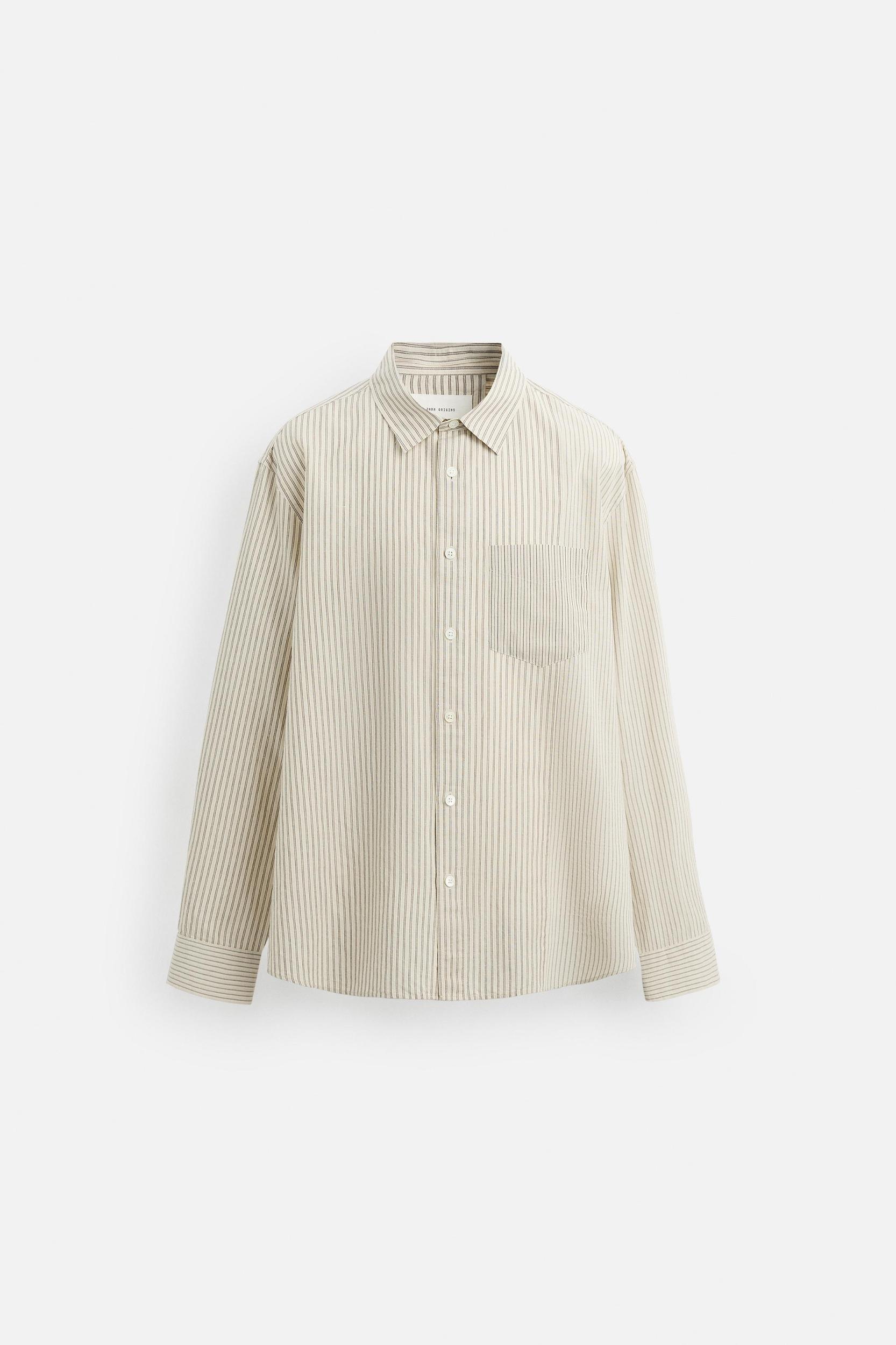 LINEN-COTTON STRIPED PATCHWORK SHIRT Product Image