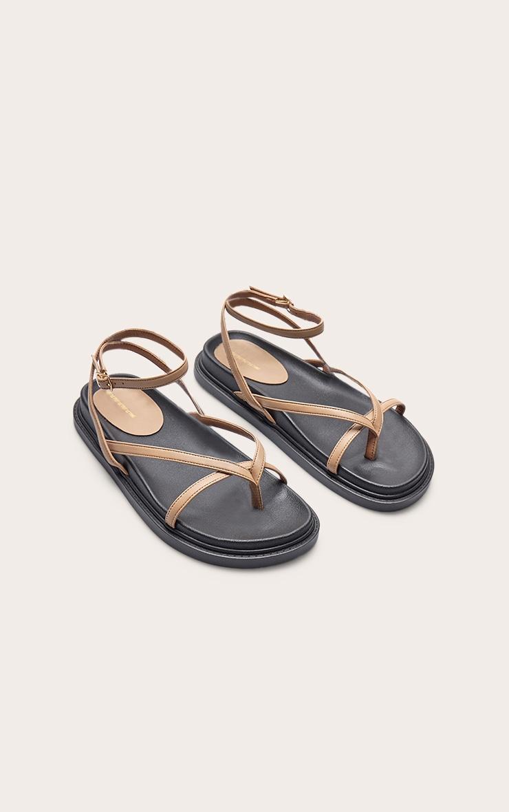 Beige Pu Round Toe Thong Footbed Ankle Strap Flat Sandals Product Image