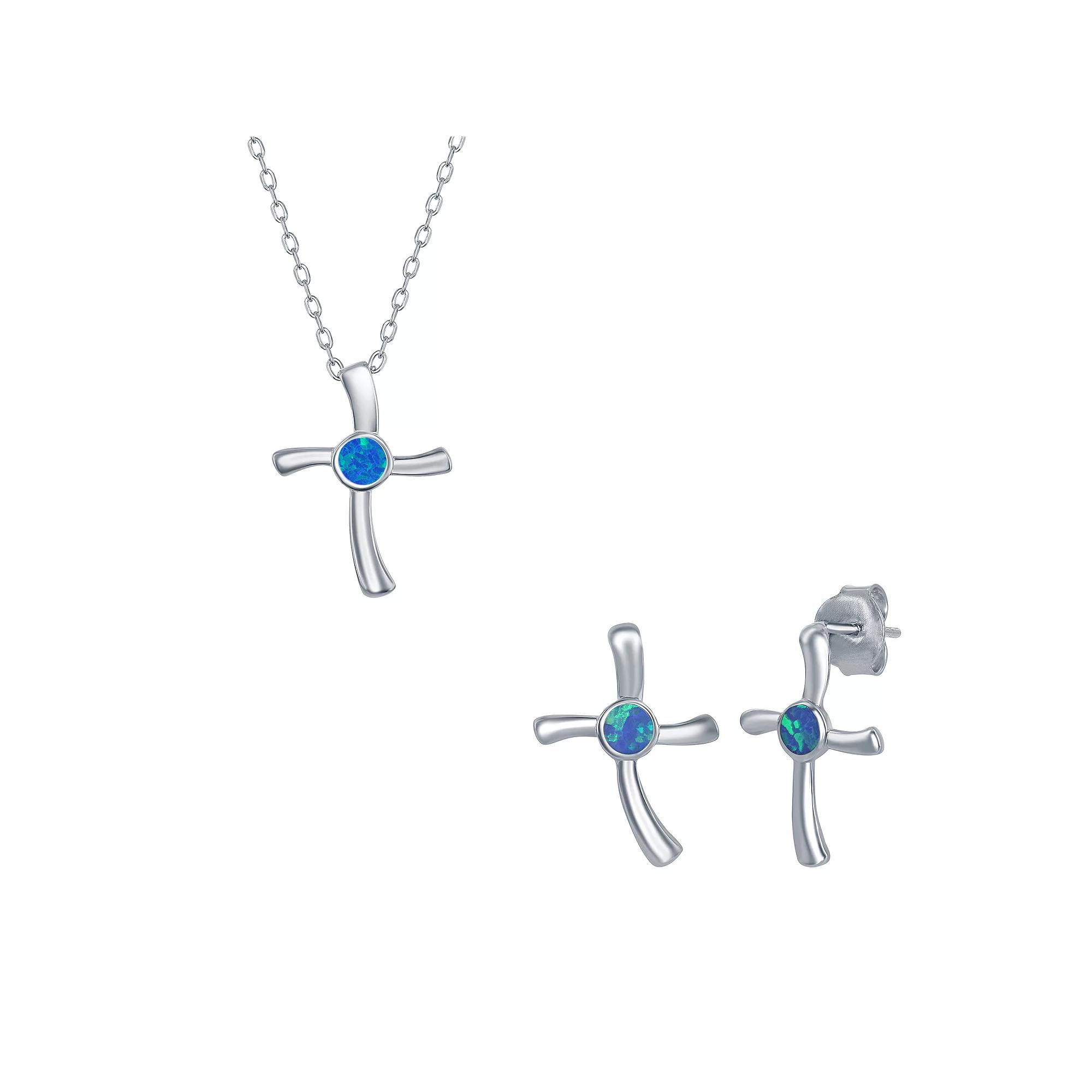 Sterling Silver Lab-Created Opal Cross Pendant Necklace & Earrings Set, Women's, Size: 18", Blue Product Image