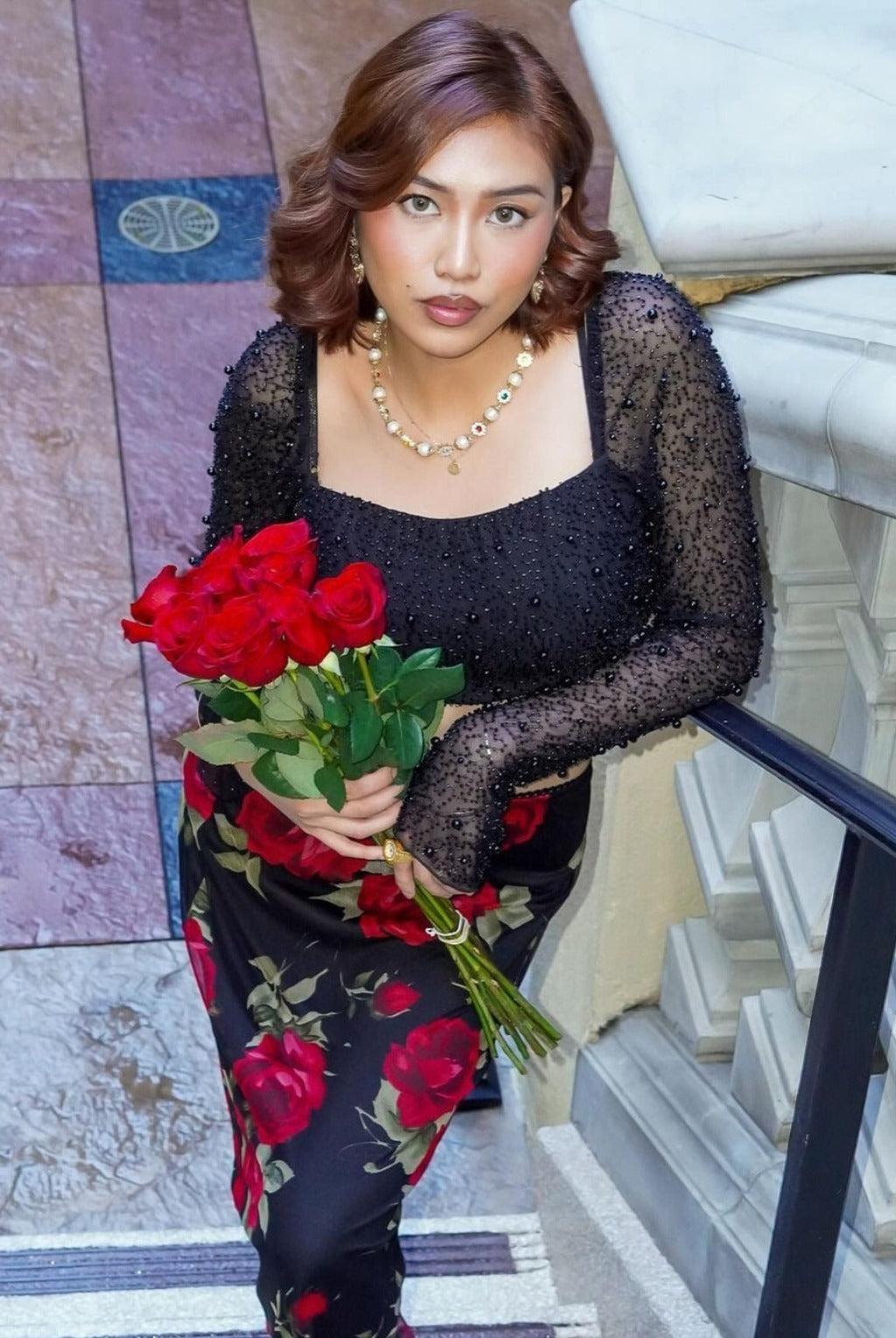 Cristal Black Beaded Long Sleeve Crop Top Product Image