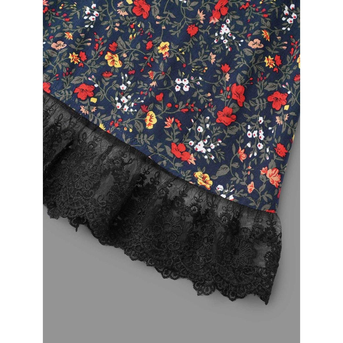 Plus Size Indigo V-Neck Floral Print Lace Hem Blouse Women Elegant Elbow-length sleeve V-neck Everyday Blouses BloomChic 14-16/1X Product Image