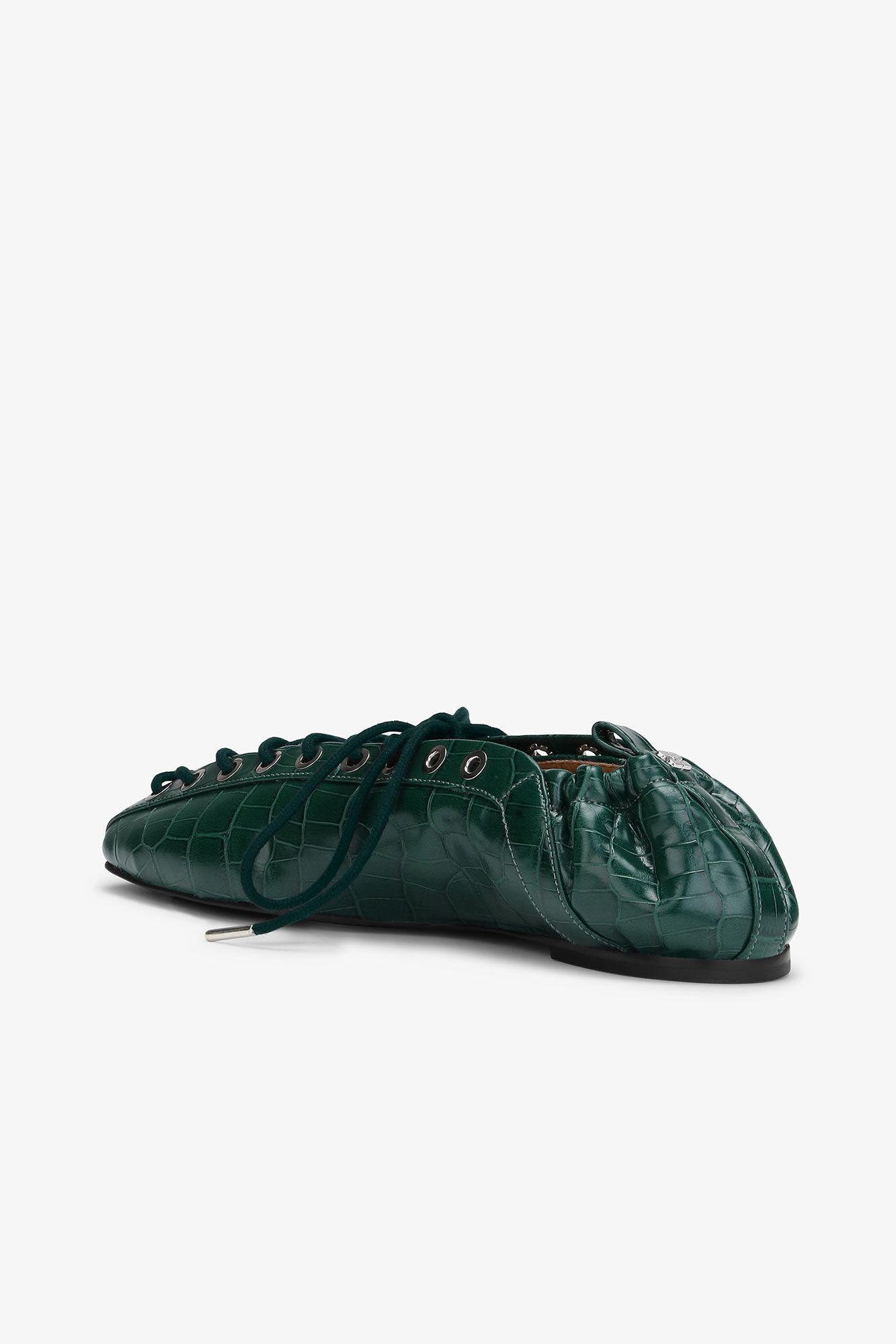 Green Croc-Embossed Lace-Up Flats Product Image
