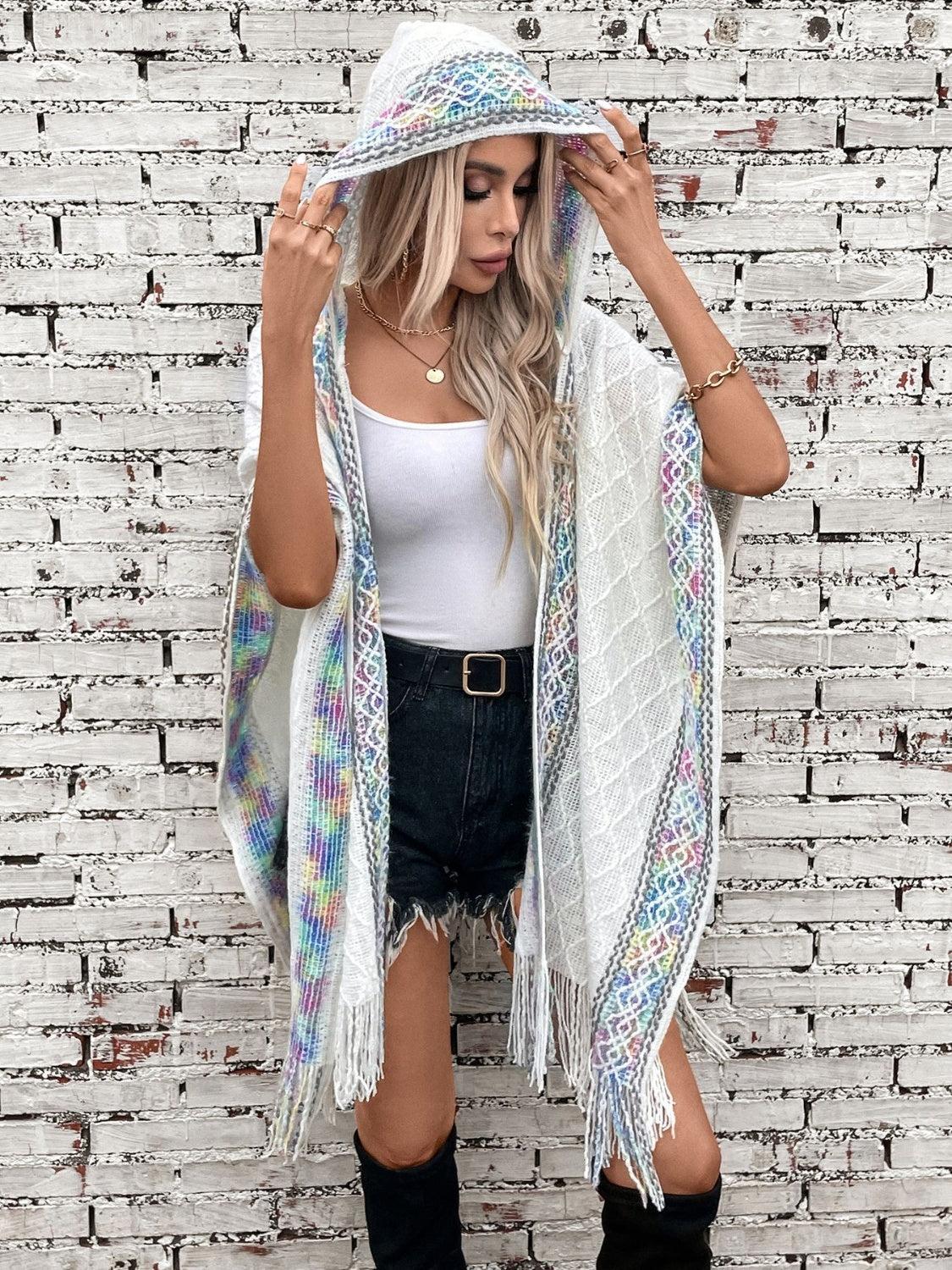 Fringe Half Sleeve Hooded Poncho Product Image