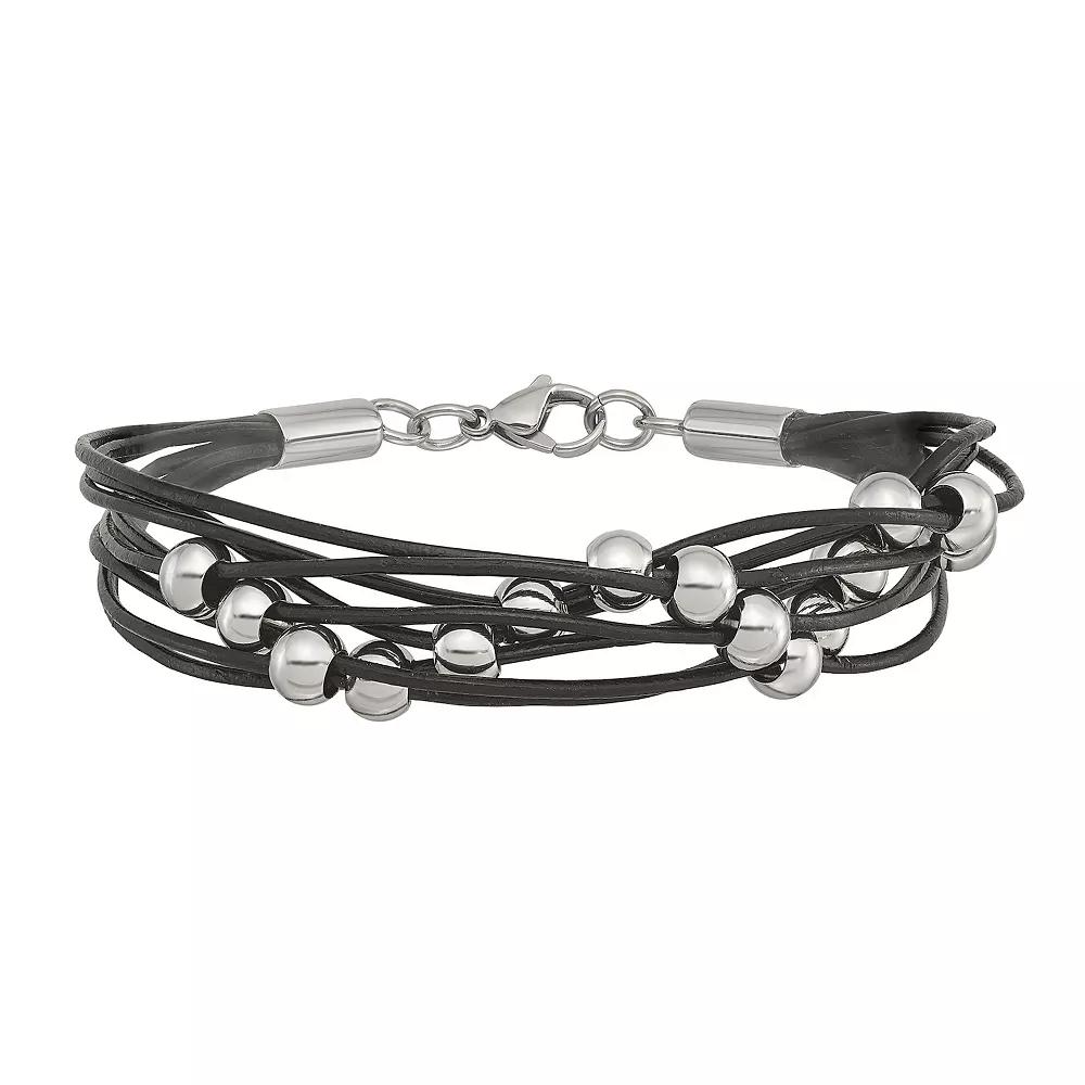 Men's Stainless Steel Bead & Black Leather Multistrand Bracelet, Size: 8" Product Image