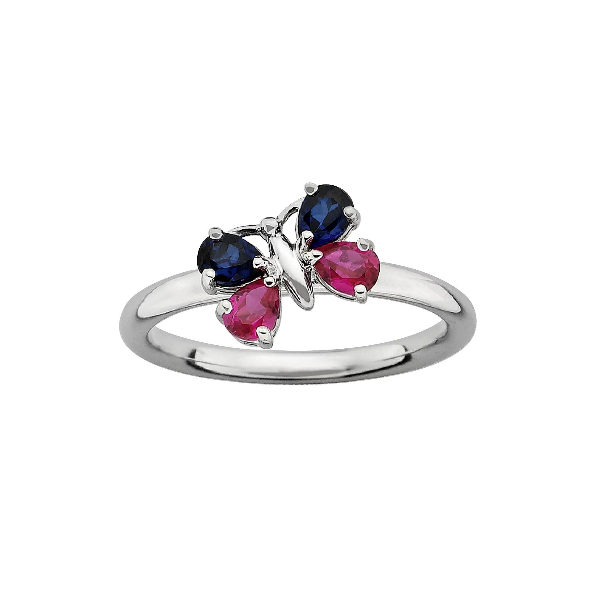 Stacks & Stones Sterling Silver Lab-Created Ruby & Lab-Created Sapphire Butterfly Stack Ring, Women's, Size: 7, Multicolor Product Image