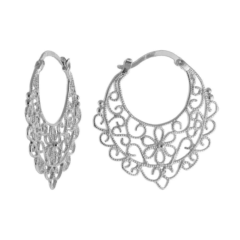 Silver Plated Flower Filigree Hoop Earrings, Women's Product Image