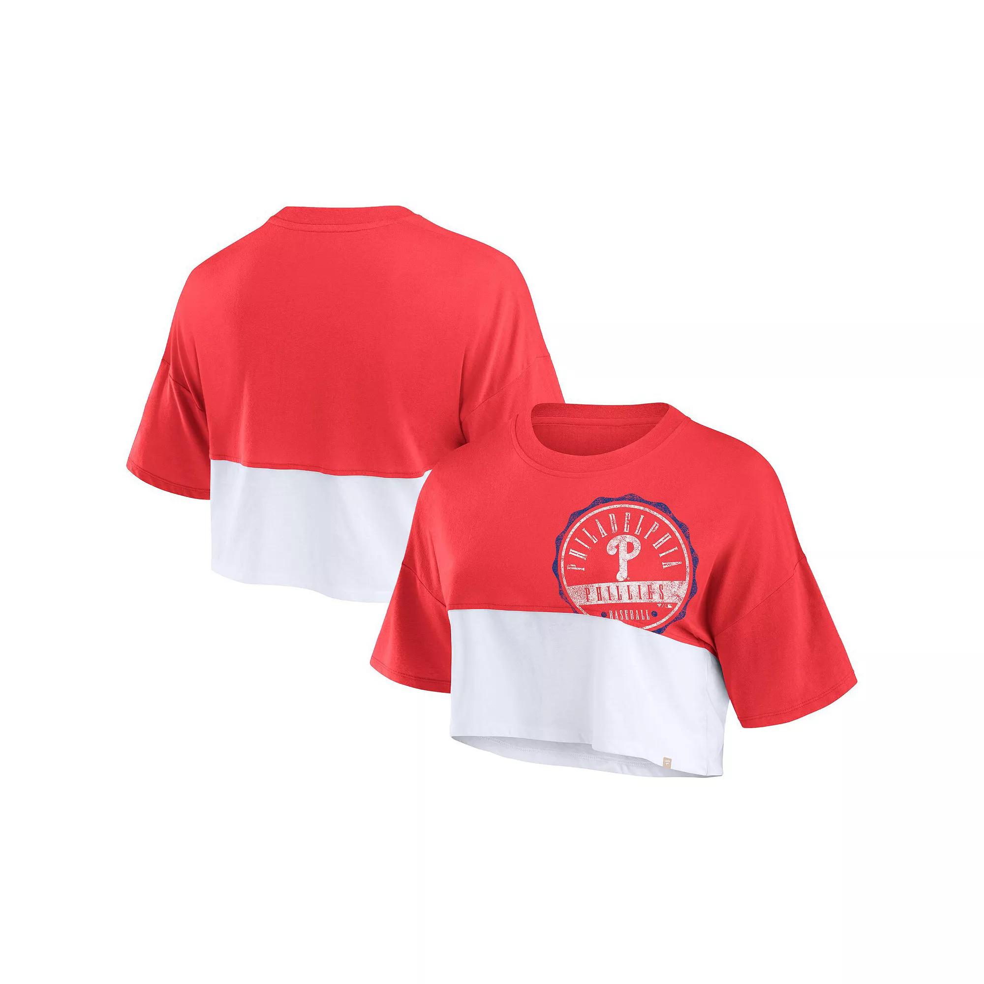 Women's Fanatics Branded Red/White Philadelphia Phillies Color Split Boxy Cropped T-Shirt,  Product Image