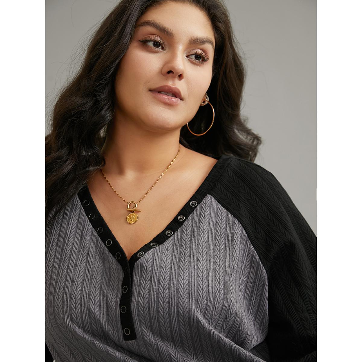 Plus Size Textured Contrast Button Detail Raglan Sleeve Sweatshirt Women Gray Casual Texture V-neck Dailywear Sweatshirts BloomChic 28/5X Product Image