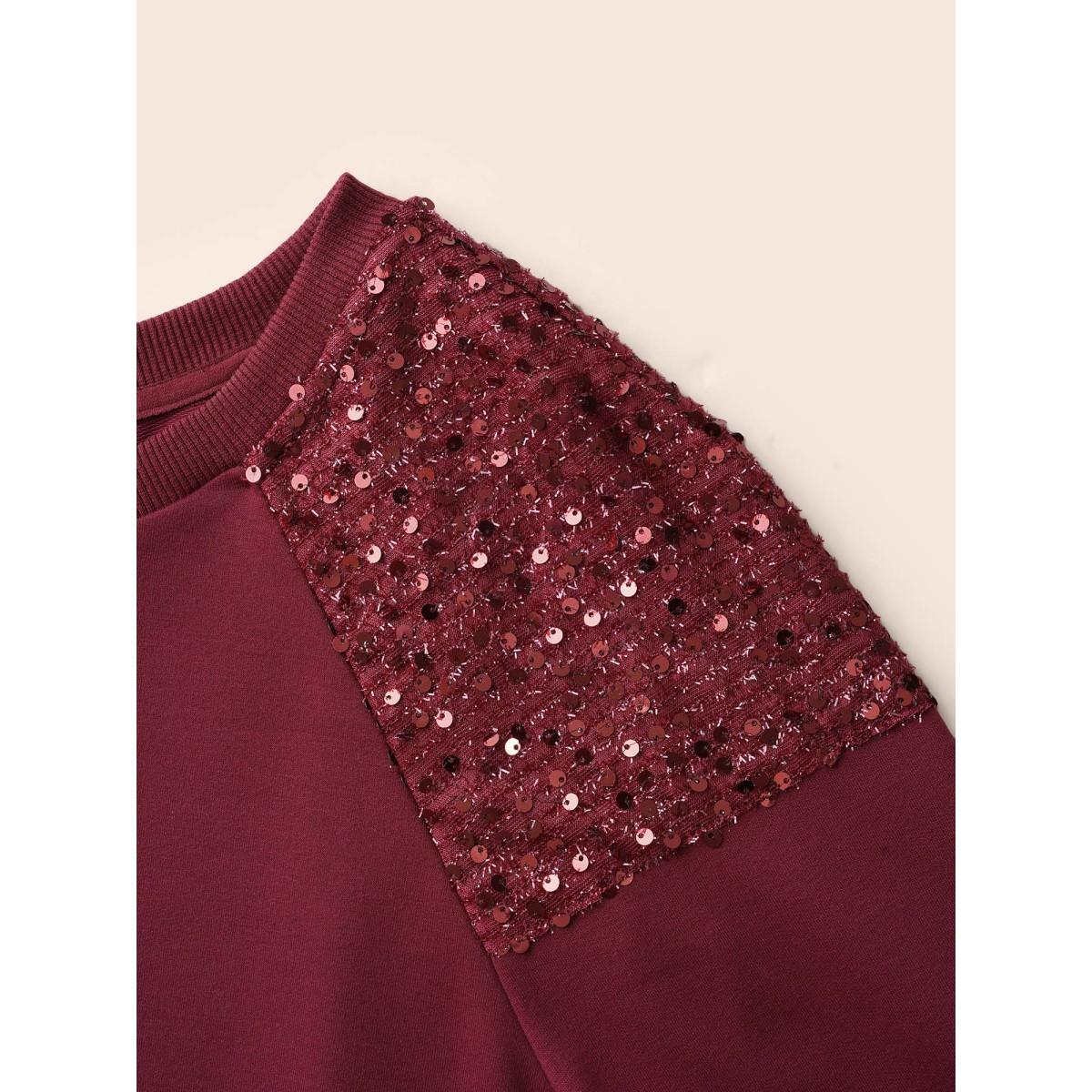 Plus Size Sequin Patchwork Raglan Sleeve Sweatshirt Women Burgundy Casual Patchwork Round Neck Everyday Sweatshirts BloomChic 26/4X Product Image