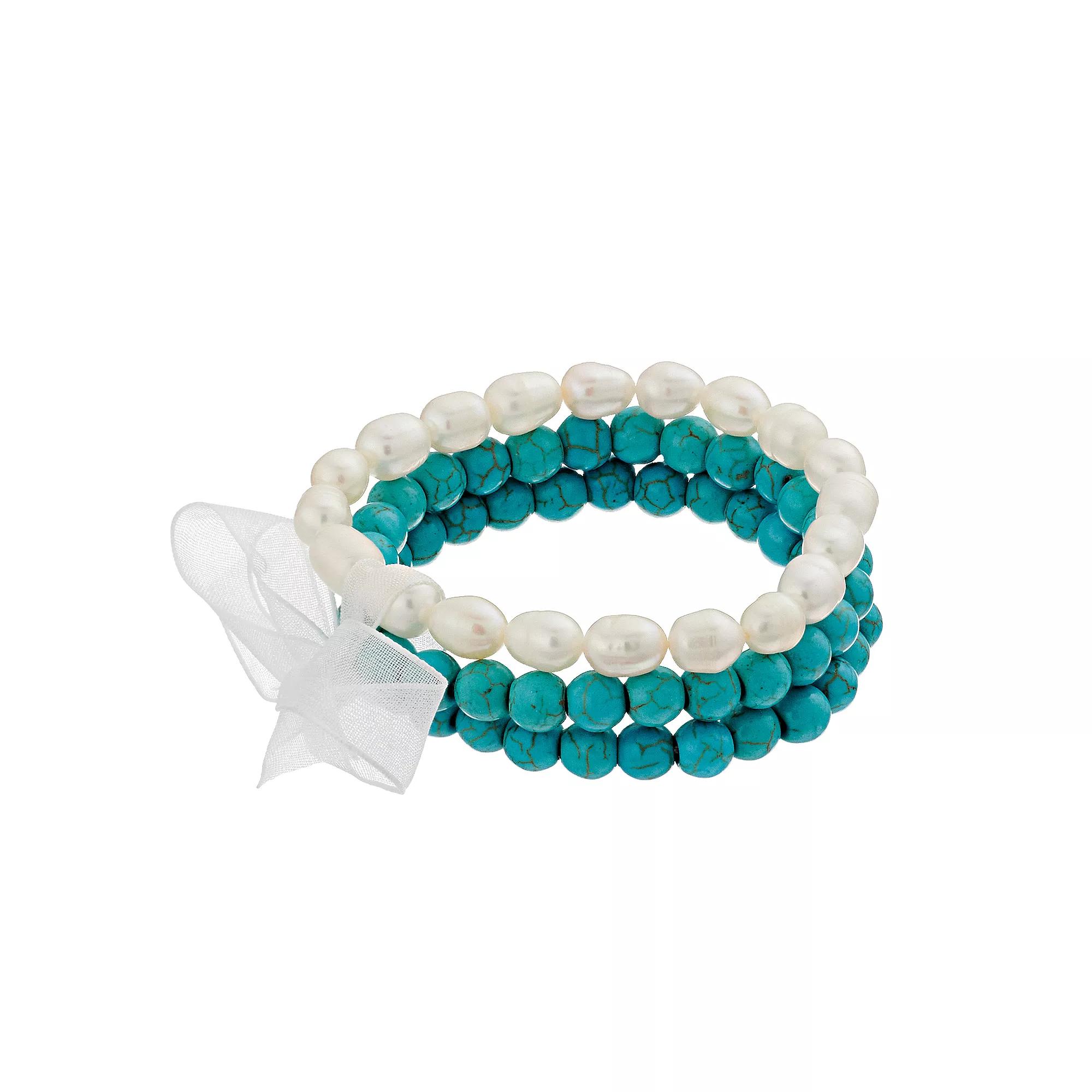 Aleure Precioso 3-Piece Gemstone Bead & Freshwater Cultured Pearl Stretch Bracelet Set, Women's, Size: 7.25", Sterling Howlite Product Image
