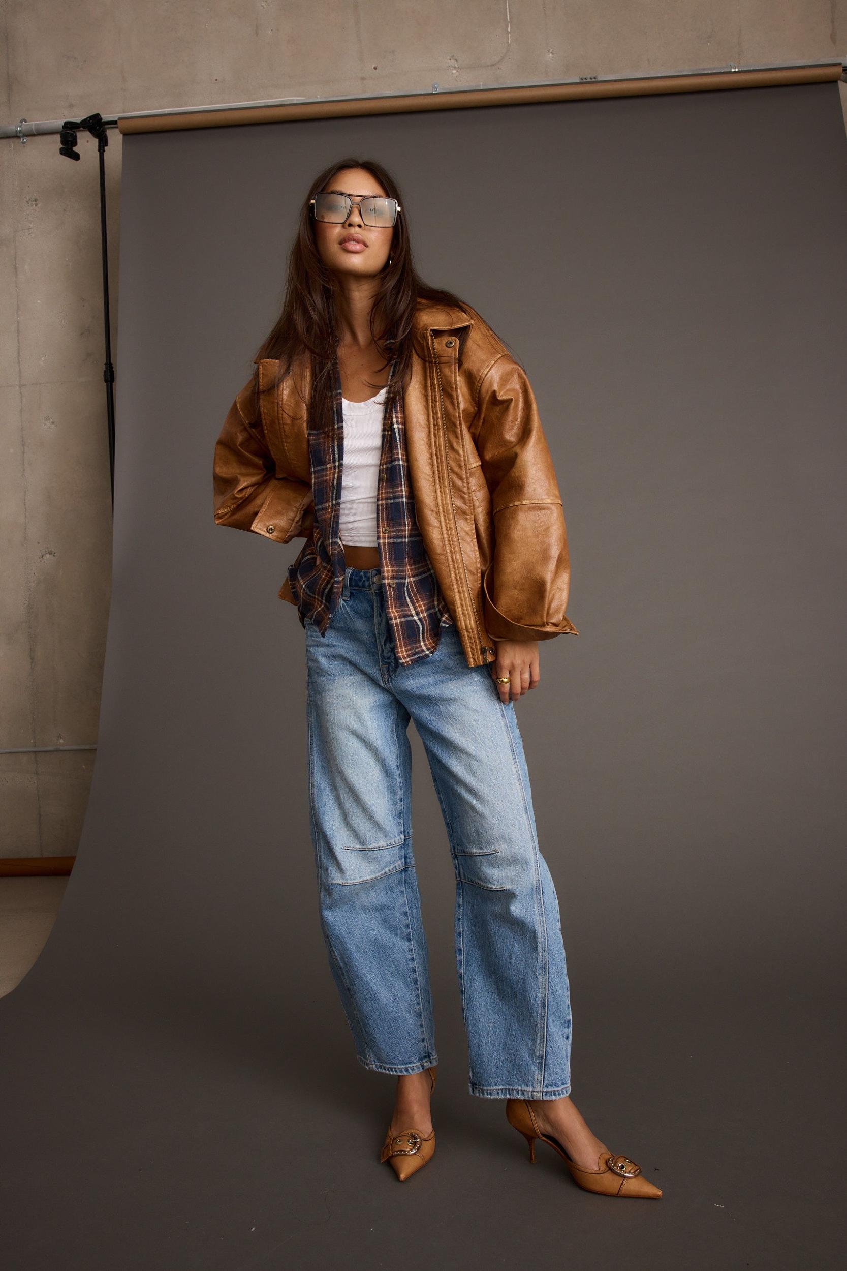 London Calling Cognac Oversized Faux Leather Jacket Product Image