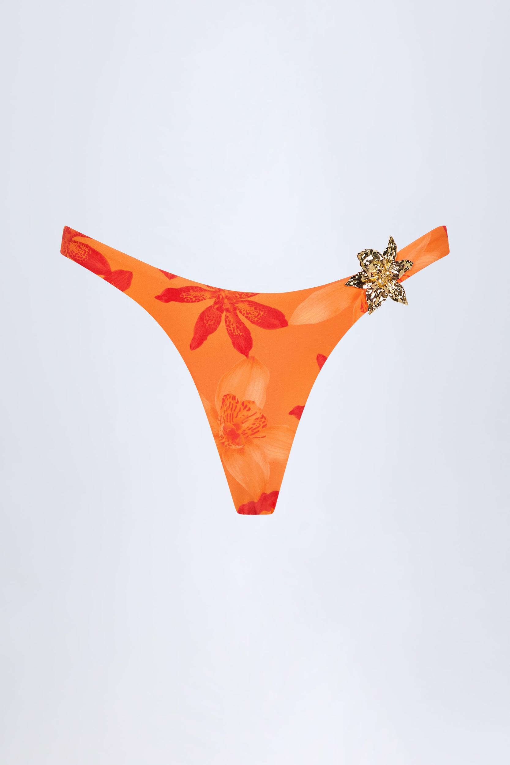 Hardware-Detail Cheeky Bikini Bottoms in Orange Orchid Print Product Image