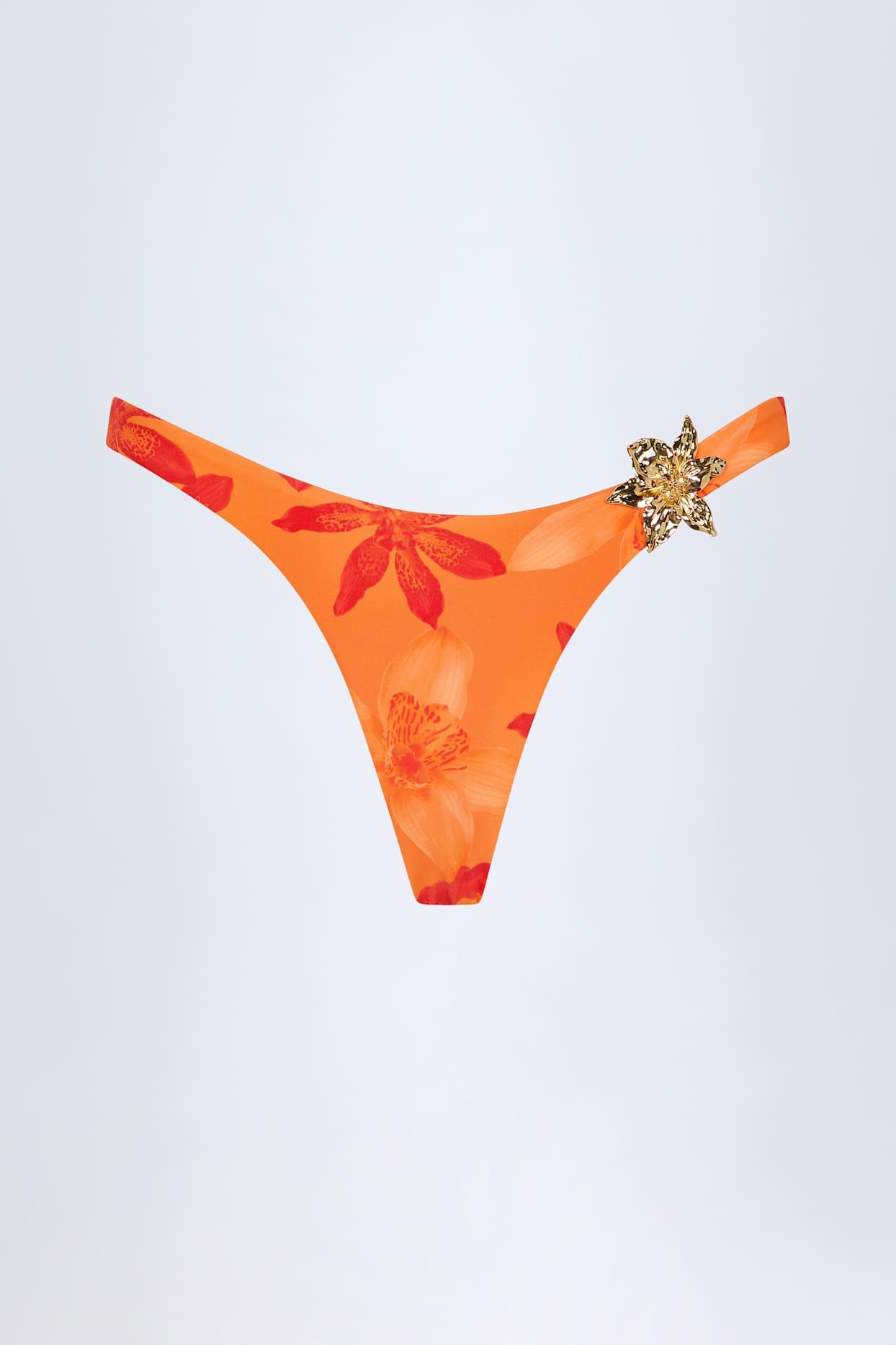 Hardware-Detail Cheeky Bikini Bottoms in Orange Orchid Print Product Image