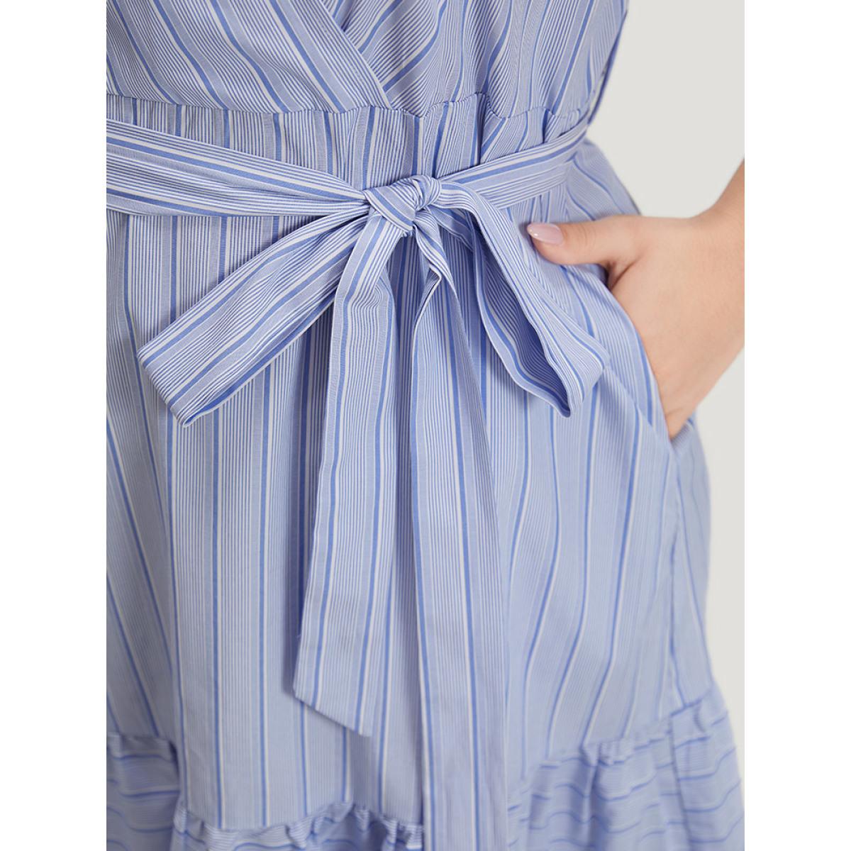 Plus Size Striped Surplice Neck Belted Ruffle Cap Sleeve Dress Stone Women Vacation Belted V-neck Cap Sleeve Curvy Midi Dress BloomChic 28/5X Product Image