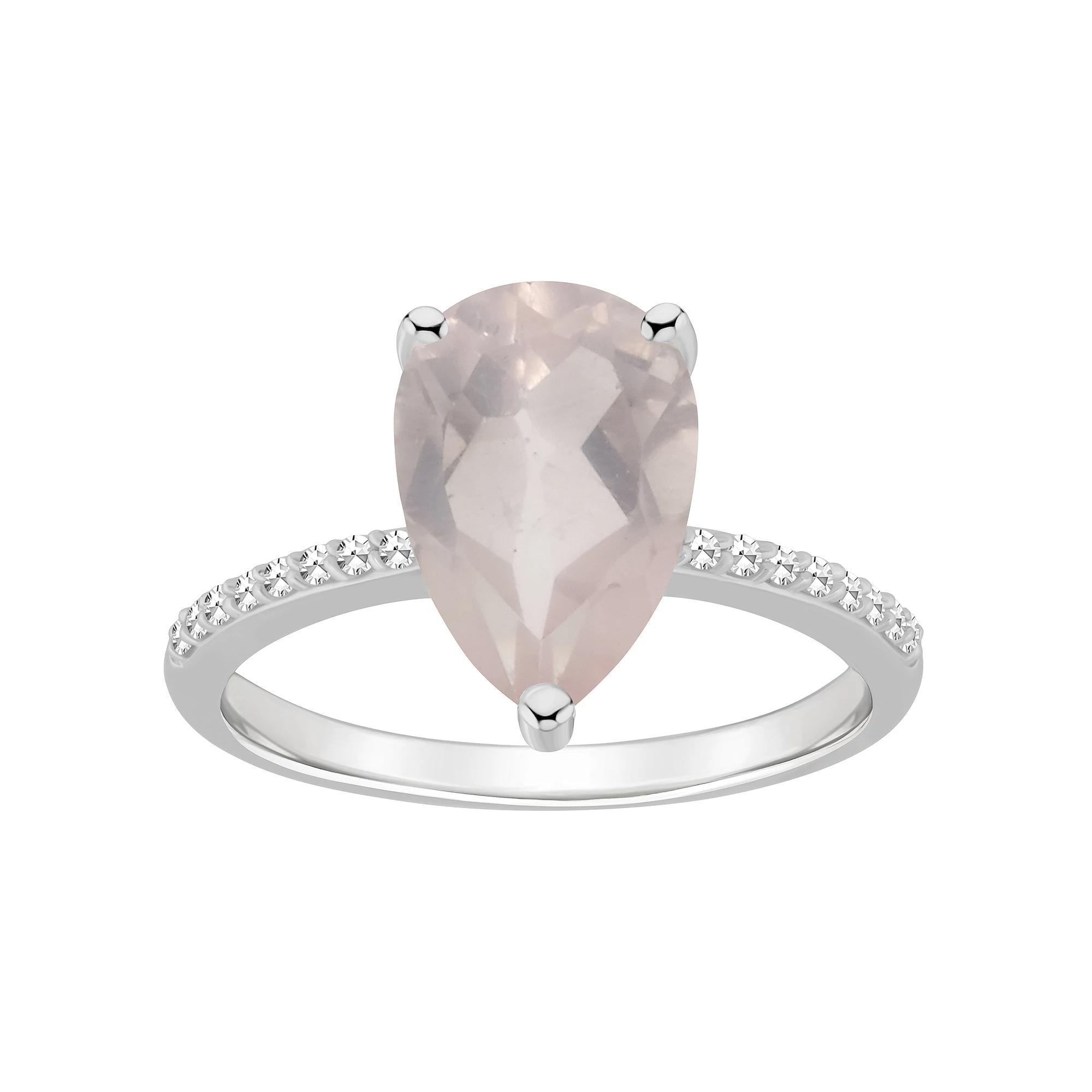 Alyson Layne Sterling Silver 10 mm x 8 mm Pear Shape Gemstone & 1/10 Carat T.W. Diamond Ring, Women's, Size: 7, Pink Quartz Product Image