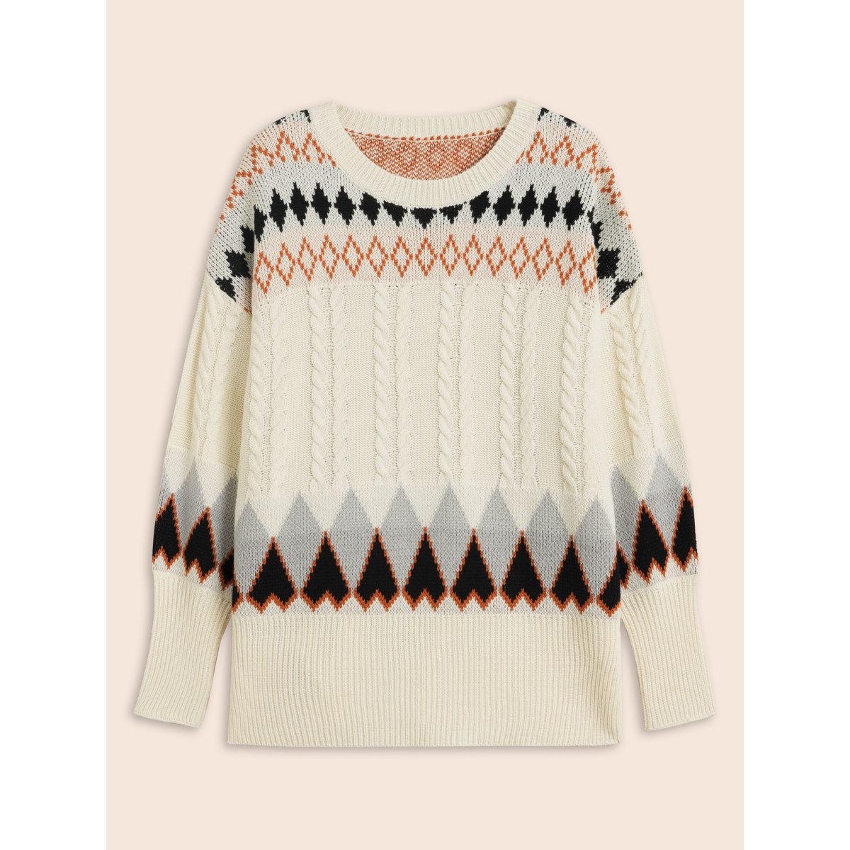 Plus Size Fair Isle Crew Neck Split Hem Pullover Beige Women Leisure Long Sleeve Round Neck Casual Pullovers BloomChic 28/5X Product Image