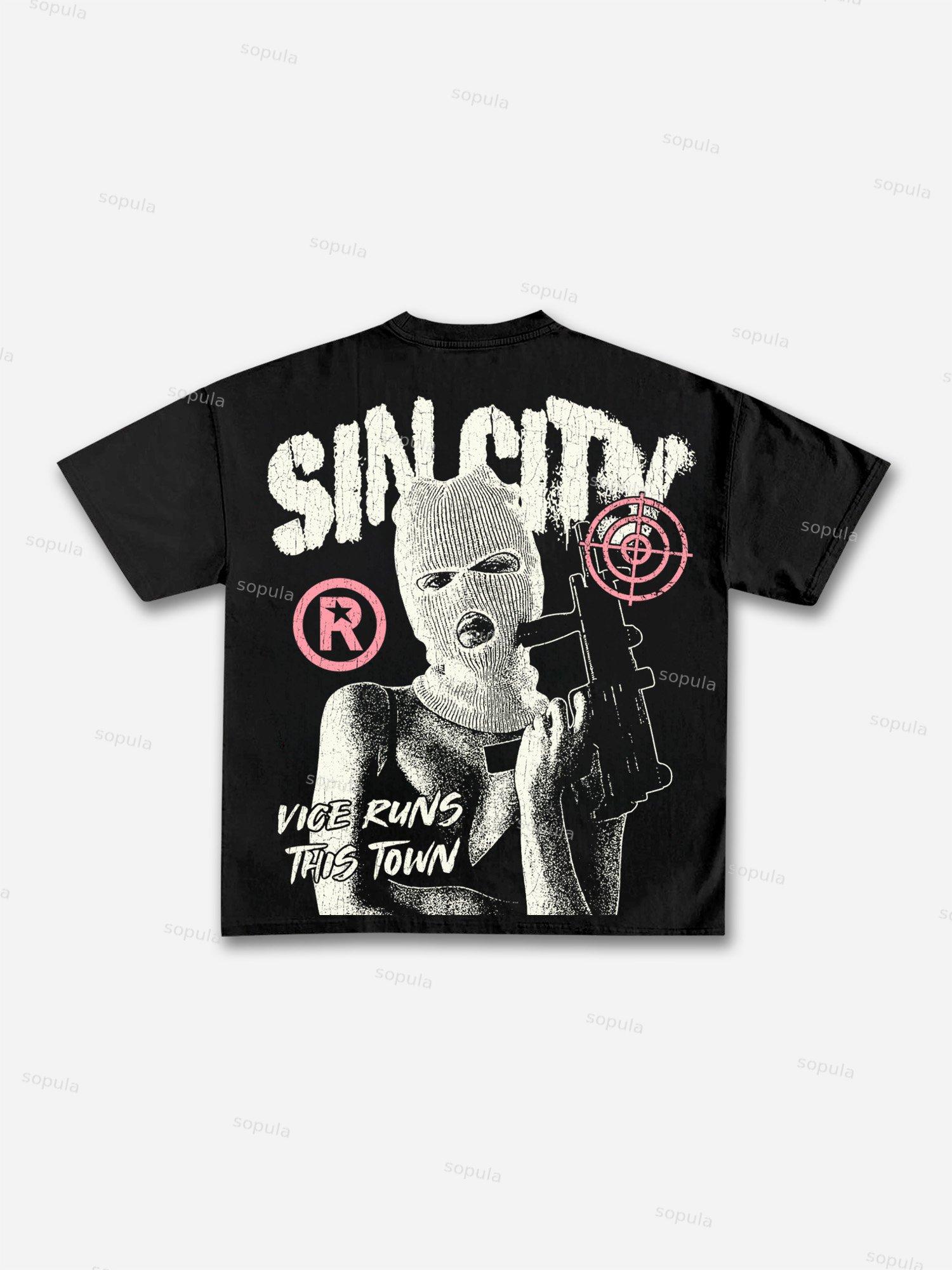 Sin City Vice Runs This Town Gangster Streets Vintage Graphic Oversized Cotton T-shirt Product Image