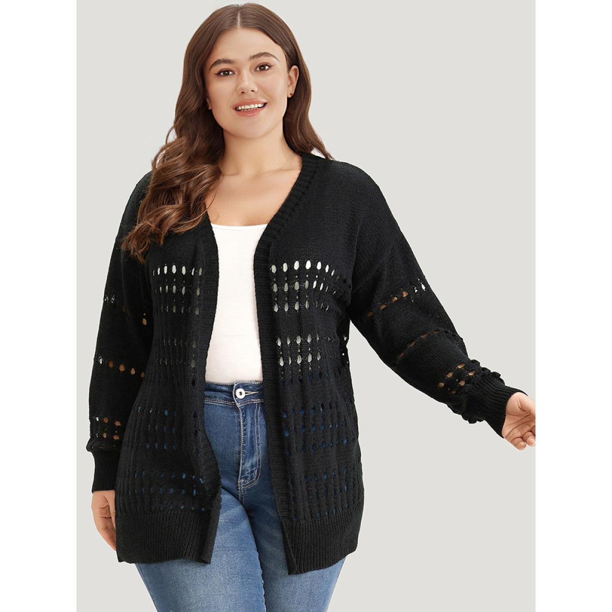 Plus Size Plain Hollow Out Open Front Cardigan Black Women Casual Long Sleeve Dailywear Cardigans BloomChic 10/M Product Image