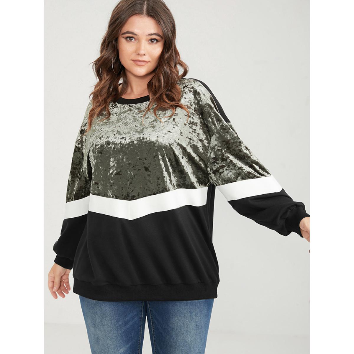 Plus Size Colorblock Contrast Velvet Patchwork Drop Shoulder Sweatshirt Women ArmyGreen Casual Patchwork Round Neck Dailywear Sweatshirts BloomChic 12/L Product Image